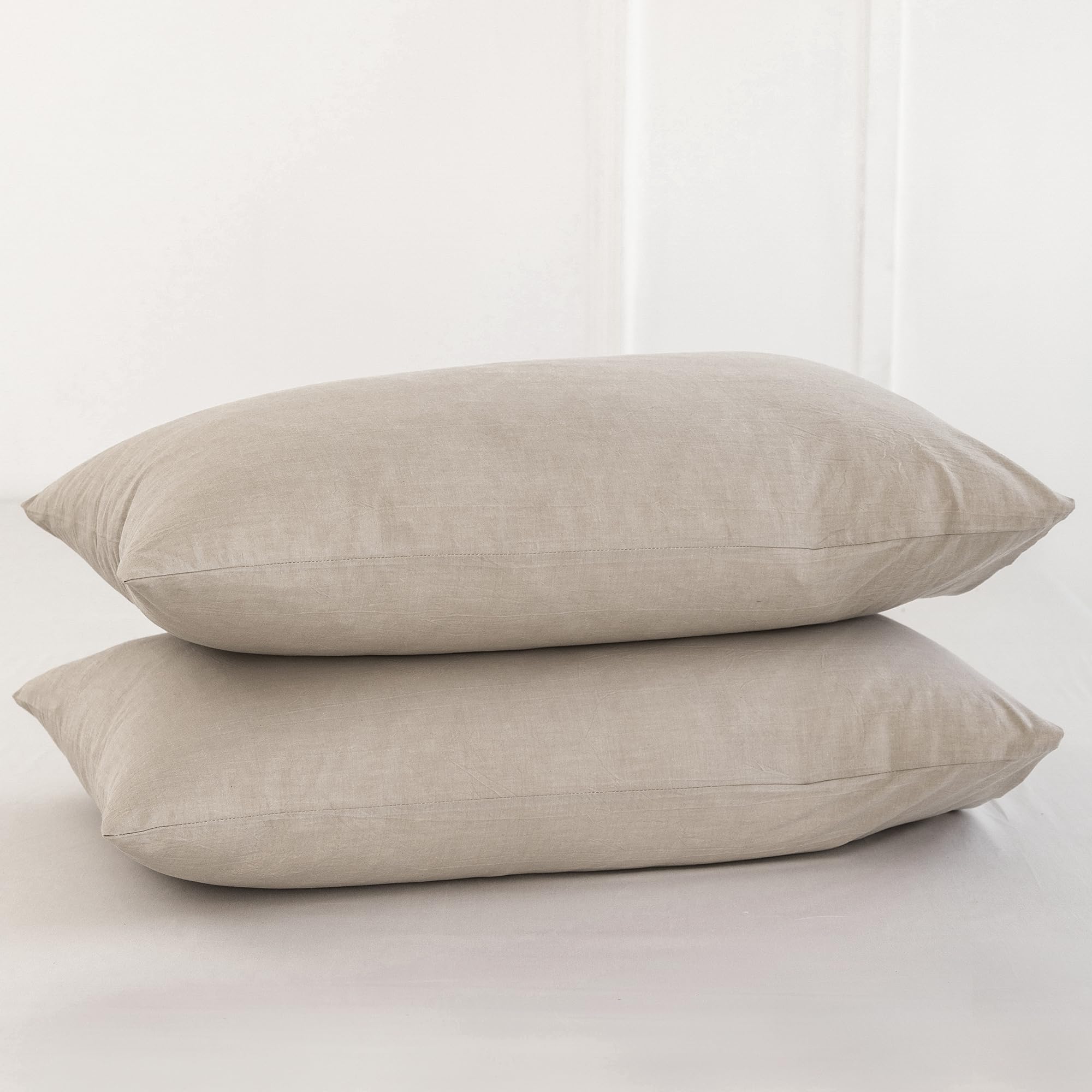 MooMee Bedding Pillowcases Pack of 2 100% Washed Cotton Linen Like Textured Breathable Durable Soft Comfy (Tannish Linen Grey, K