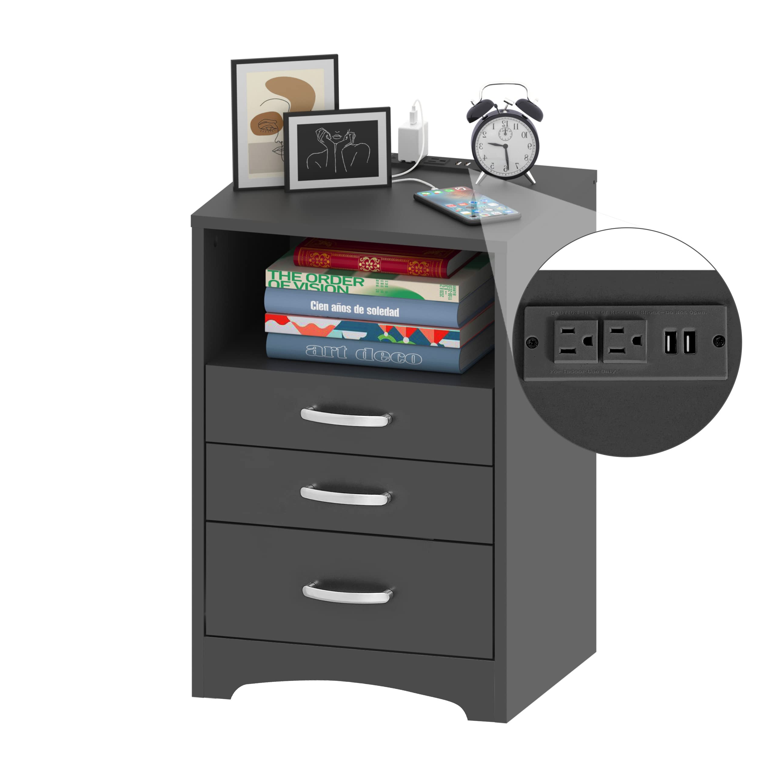 White Nightstand with Charging Station, Modern End Side Table with 3 Drawers, Wooden Cabinet Stand by Sofa, Bedside Tables for B