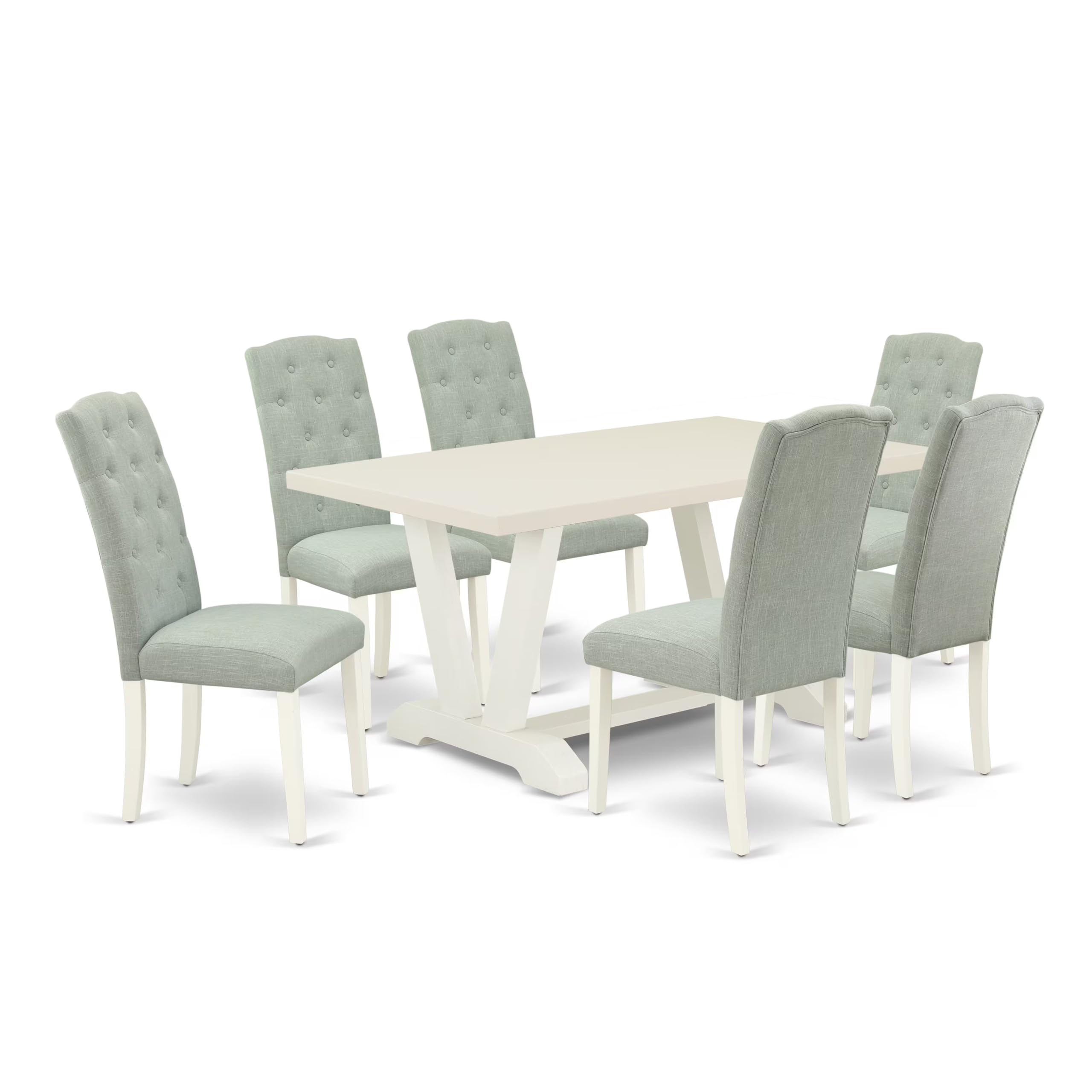 East West Furniture V026CE215-7 7 Piece Dinette Set Consist of a Rectangle Dining Room Table with V-Legs and 6 Baby Blue Linen F
