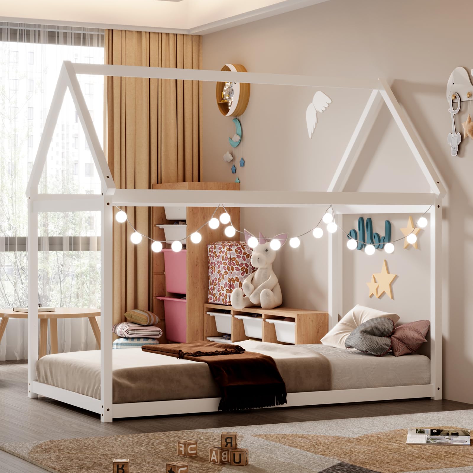 Giantex Twin House Bed, Wood Montessori Bed Frame with House Roof Canopy, Low Floor Bed with Sturdy Wood Slat Support, No Box Sp