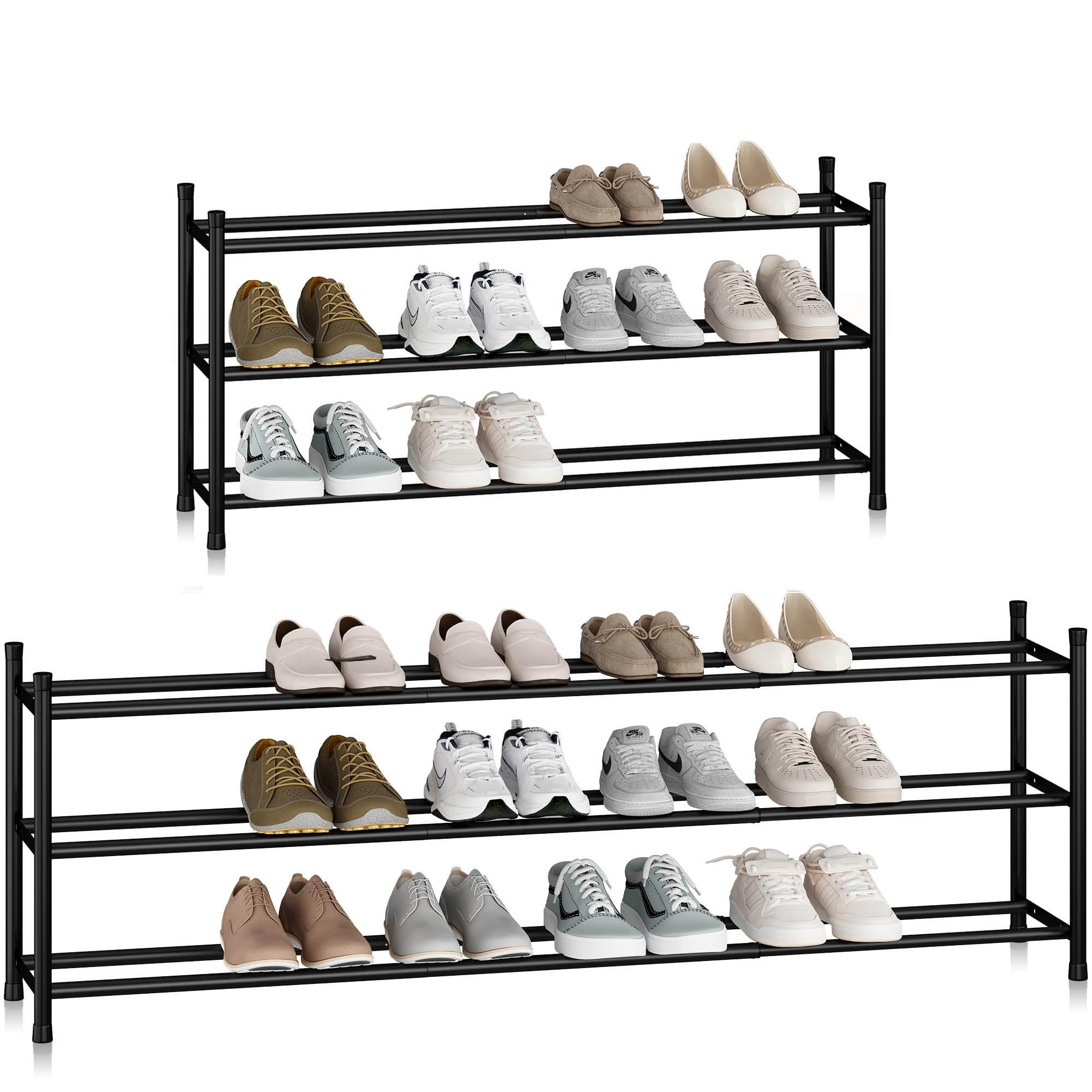 STORAGE MANIAC Long Expandable Shoe Rack, 6 Pairs Metal Wide Stackable Shoe Rack, Adjustable Shoes Shelf, Freestanding Shoes Org