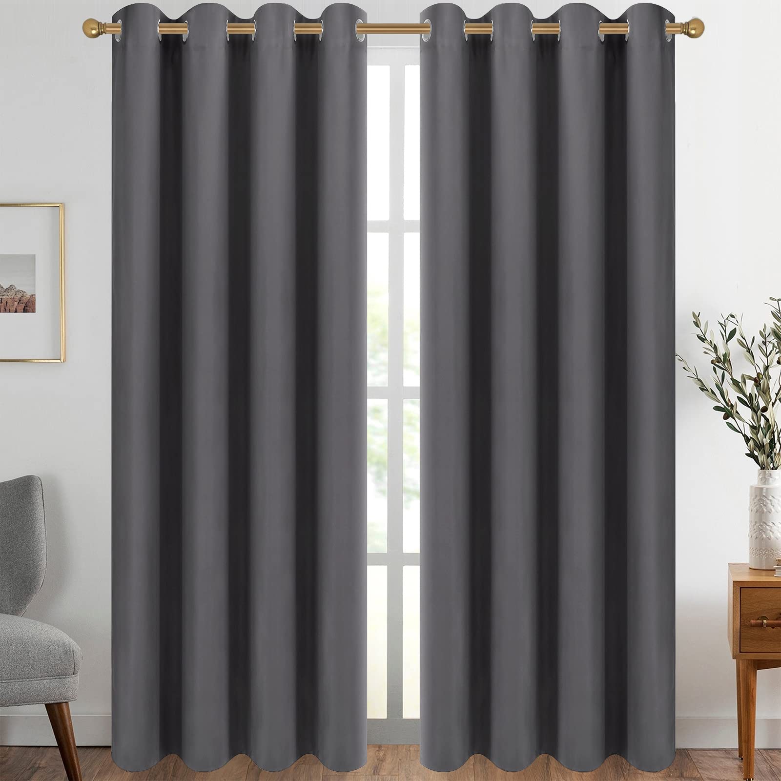 Diraysid Grey Grommet Blackout Curtains for Bedroom Thermal Insulated Room Darkening Curtains Drapes, 52 x 84, 2 Panels