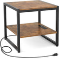 Homieasy End Table with Charging Station, 20 Inch Square Side Table with USB Ports & Power Outlets, Industrial Nightstand with 2