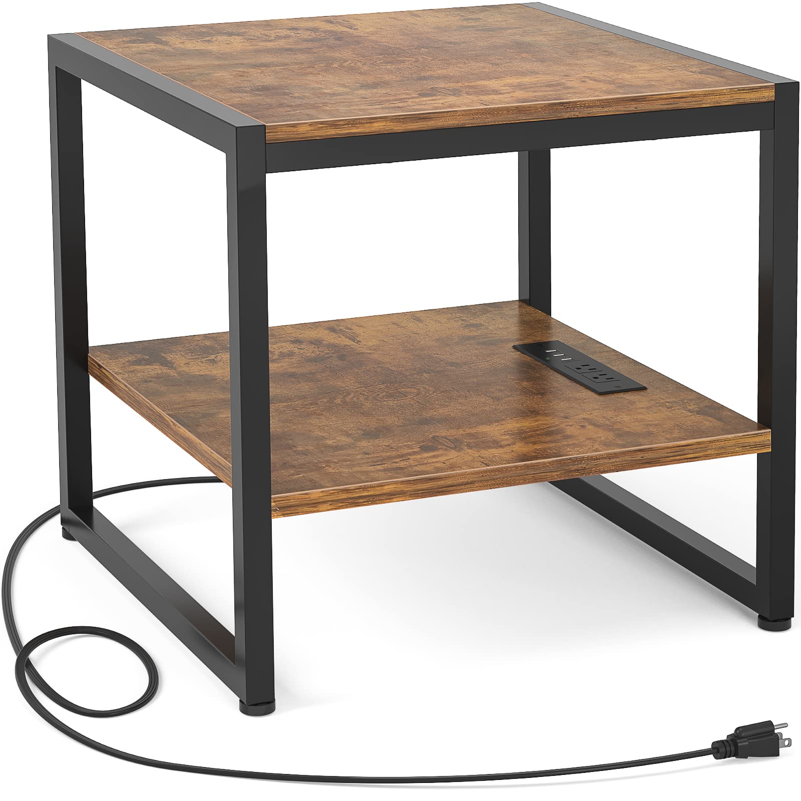 Homieasy End Table with Charging Station, 20 Inch Square Side Table with USB Ports & Power Outlets, Industrial Nightstand with 2
