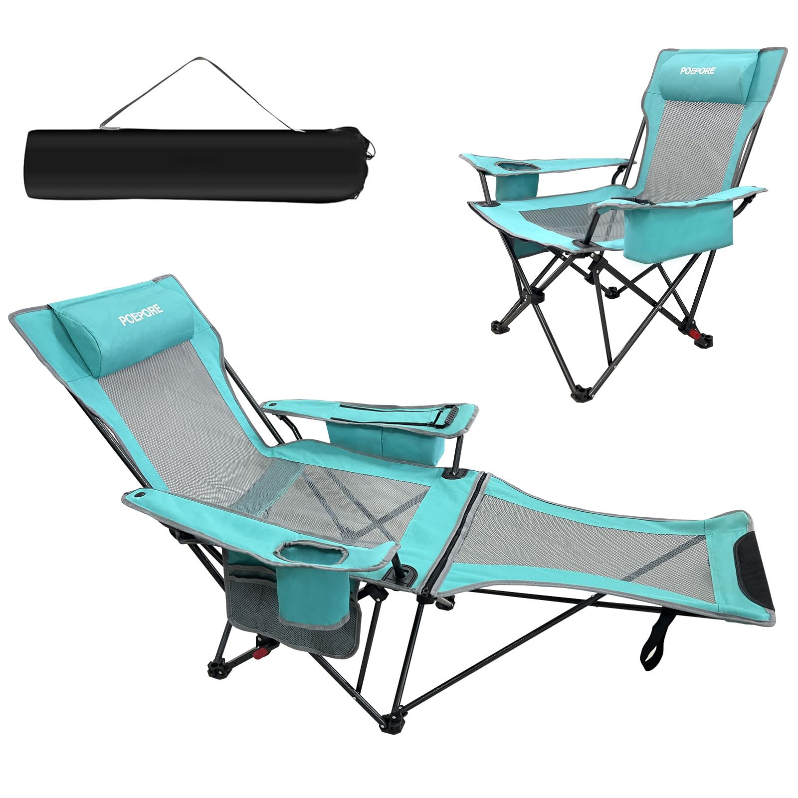 POEPORE Reclining Camping Chair 4 Position with Foot Rest Comfortable for Adults 265Ibs Folding Lounger Mesh Beach Chair with Co