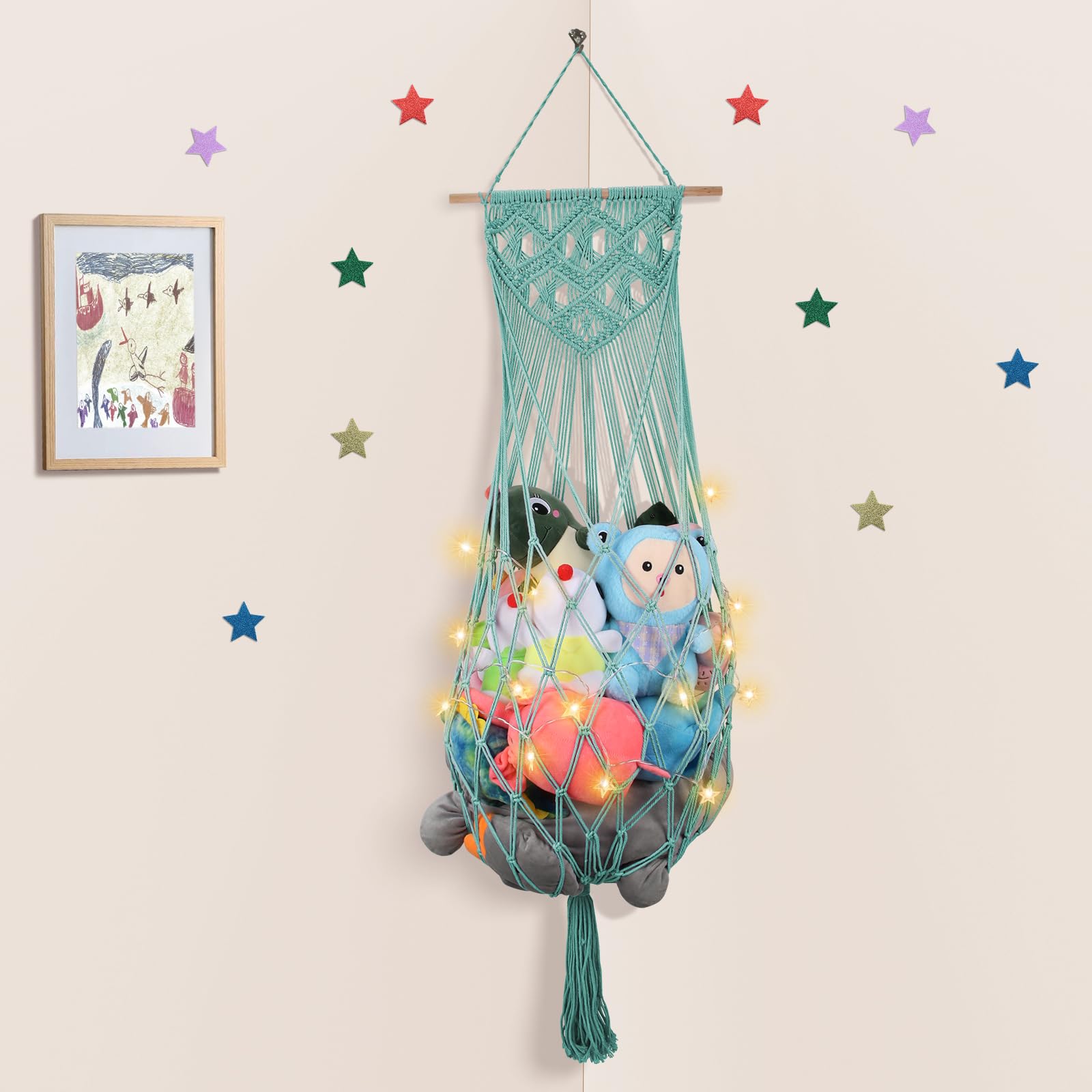 Stuffed Animal Storage Hammock, 63 Jumbo Boho Macrame Corner Toy Hammock Wall Hanging Net Holder for Nursery Teddy Plushie, Tu