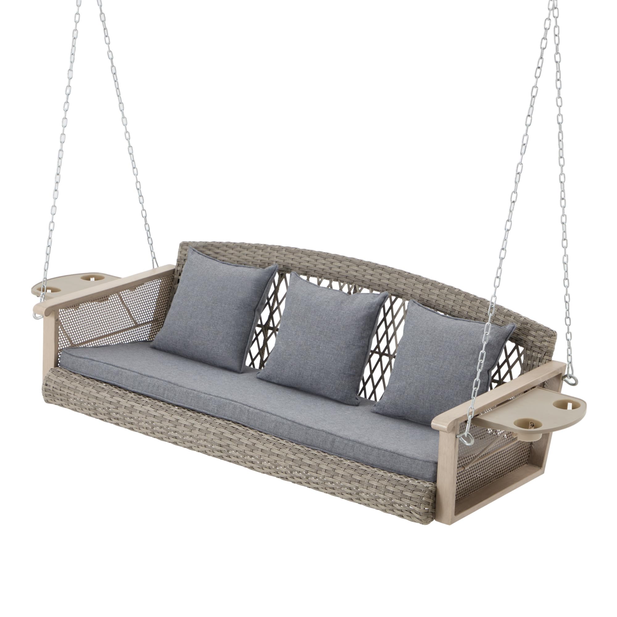 HOMREST 3-Person Wicker Porch Swing with 1.5 Deep Cup Holder, 55in Patio Hanging Swing Bench with Cushions Swing Chair with Chai