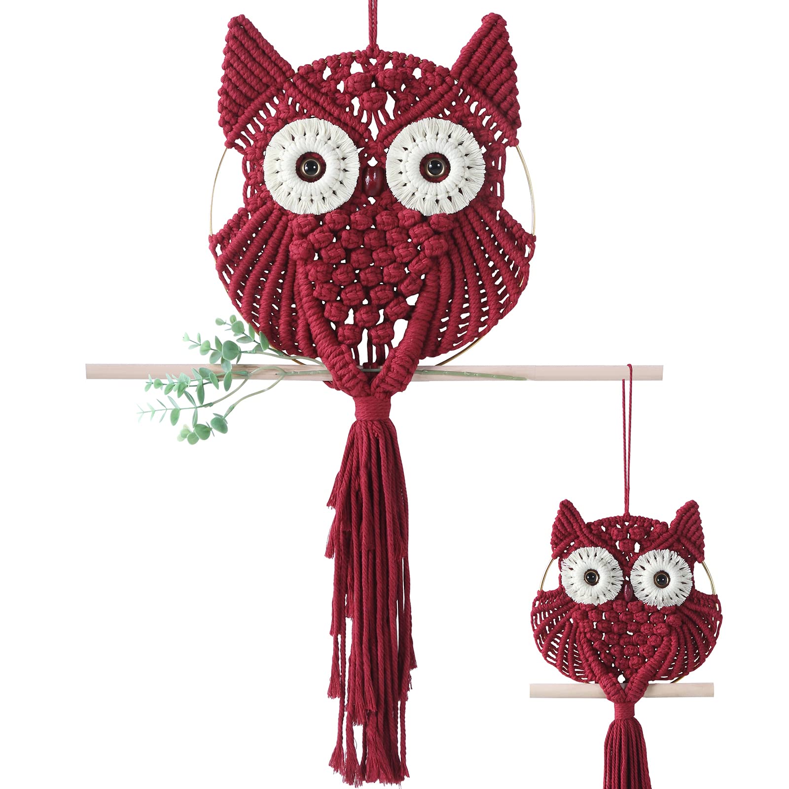 MVSUTA Owl Burgundy Cotton Handmade Macrame Wall Hanging Tapestry Home Decor Art and Red Craft Wonderful Decoration Woven Boho O