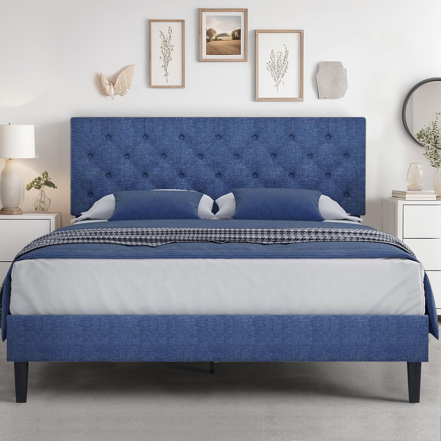 HOMBCK Bed Frame Queen Size with Headboard, Queen Bed Frame Upholstered Platform Bed with Fabric Headboard, Wood Slats Support, 