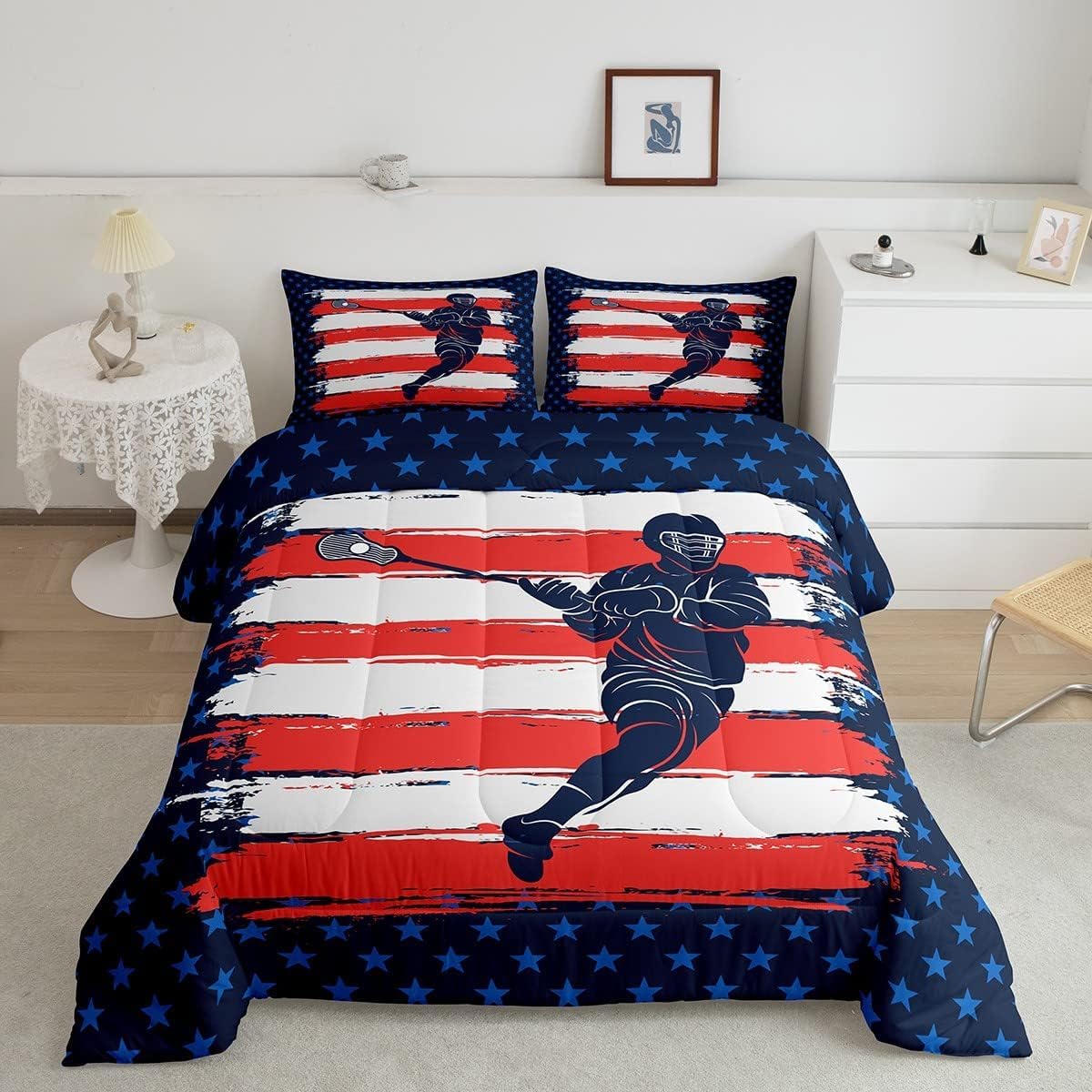 Feelyou Lacrosse Comforter Set Toddler Size Boys Gilrs American Flag Sports Theme Bedding Set for Kids Adults Ultra Soft Lacross