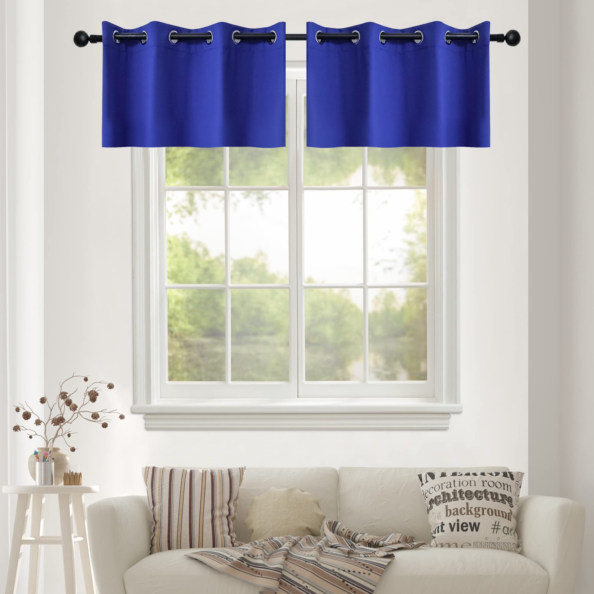 YGO Thermal Insulated Blackout Kitchen Valances, Energy Efficient Grommet Top Valance Drapes for Small Window Royal Blue Double 