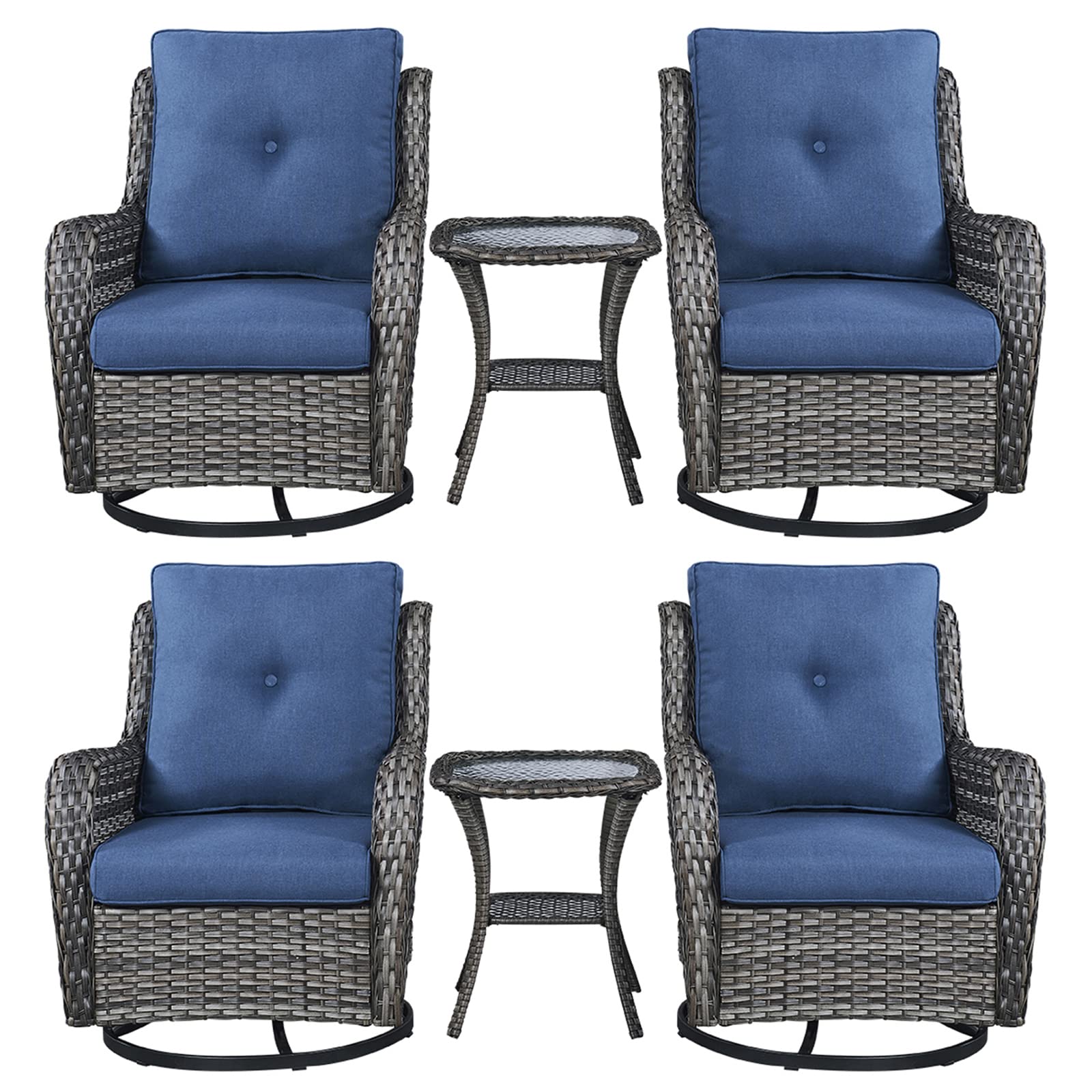 Rilyson Wicker Rocking Chair Swivel Chairs - 6 Piece Rocker Patio Furniture Set Rattan Rocking Bistro Sets with Glass Top Side T