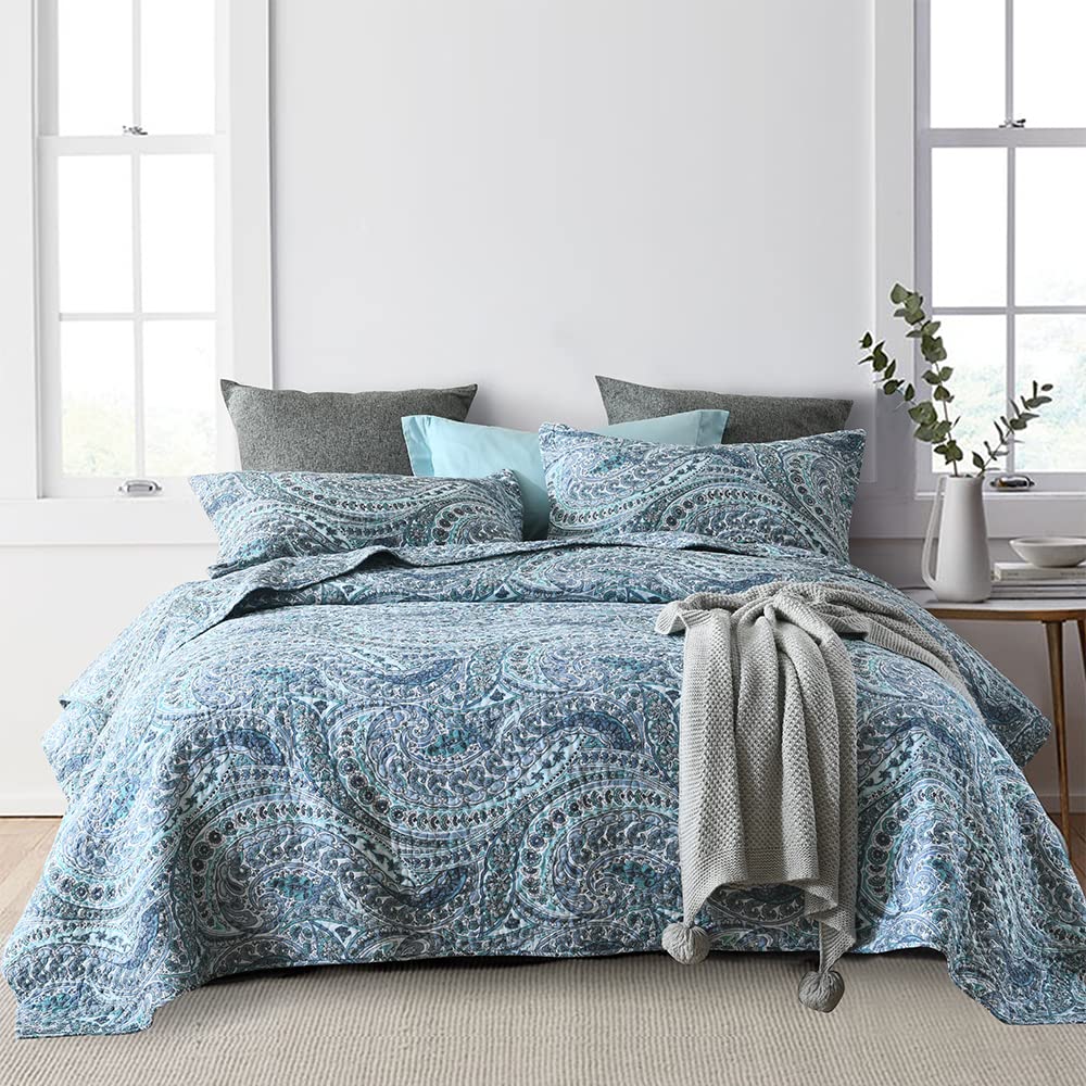 ENASAL Cotton Bedspread Quilt Sets Reversible Bedding Sets Coverlet Sets Comforter Paisley Bedspread,Blue, King Size