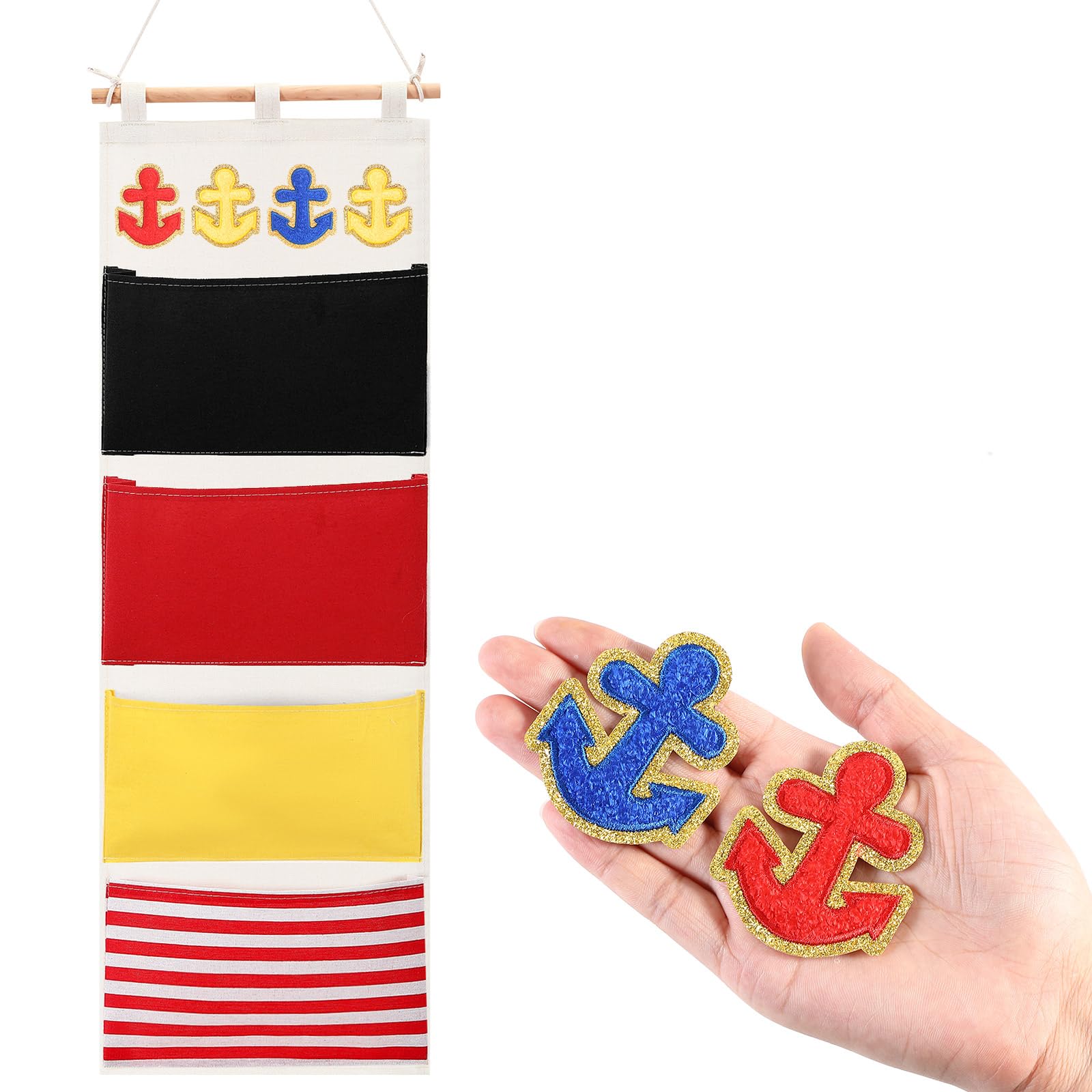 CroBlissful Fish Extender Cruise Gift Hanging Organizer with 4 Pockets and 4 Iron on Anchor Patches Cabin Door Hanger Storage Ba