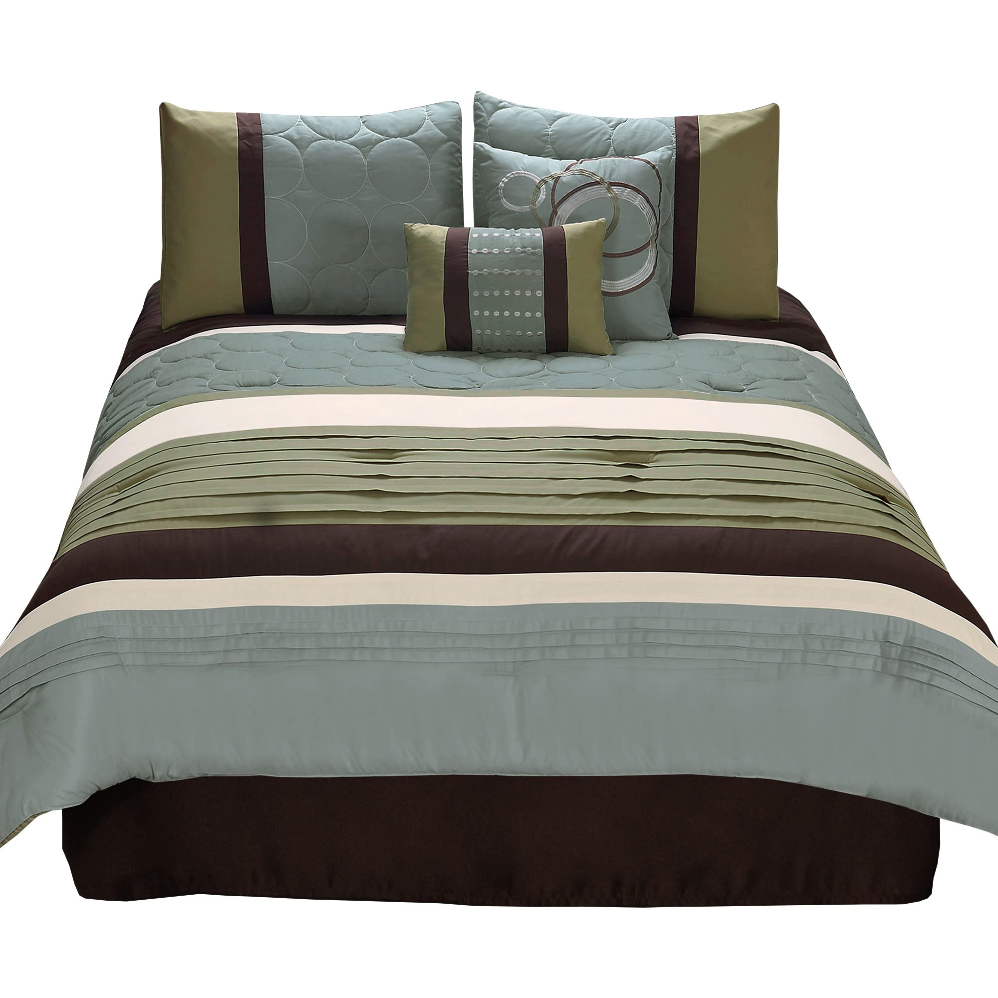 Benjara 6 Piece King Comforter Set with Pleats and Embroidery, Green and Blue