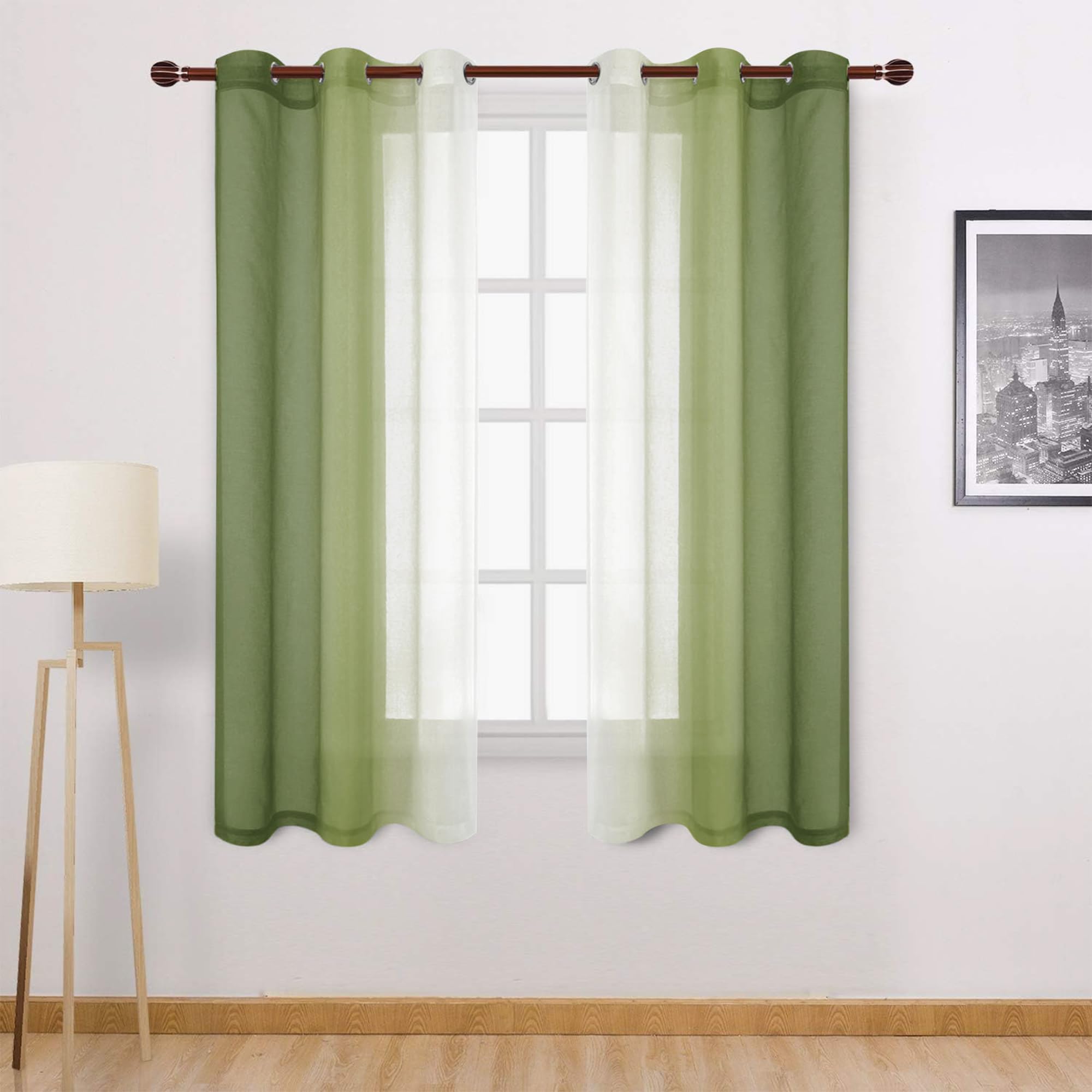 DWCN Olive Green Faux Linen Ombre Sheer Curtains - Gradient Semi Voile Curtains for Bedroom and Living Room, Set of 2 Grommet To