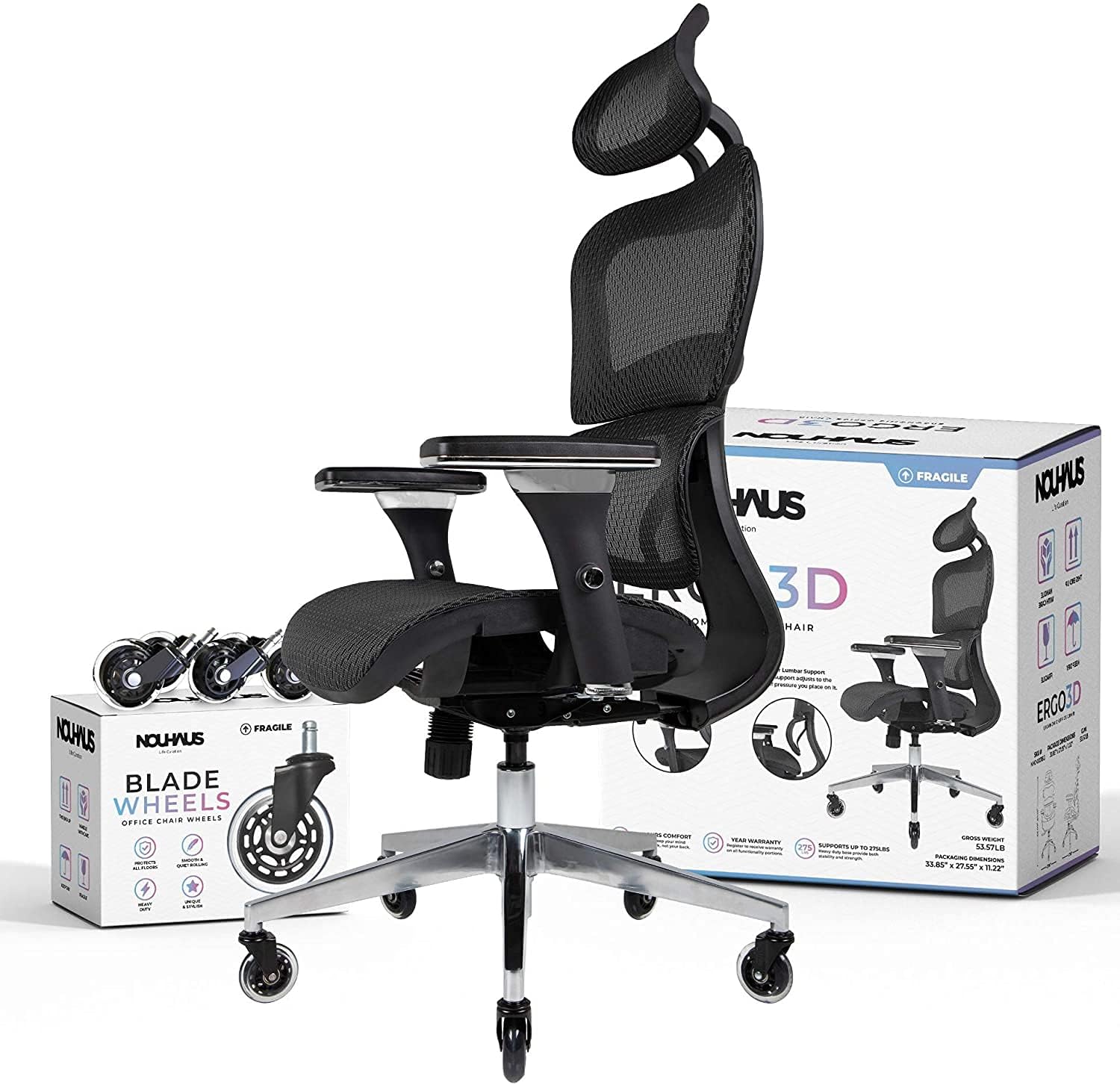 Nouhaus Ergo3D Ergonomic Office Chair Lumbar Support Mesh Office Chair with 4D Adjustable Armrest, Adjustable Headrest and Wheel