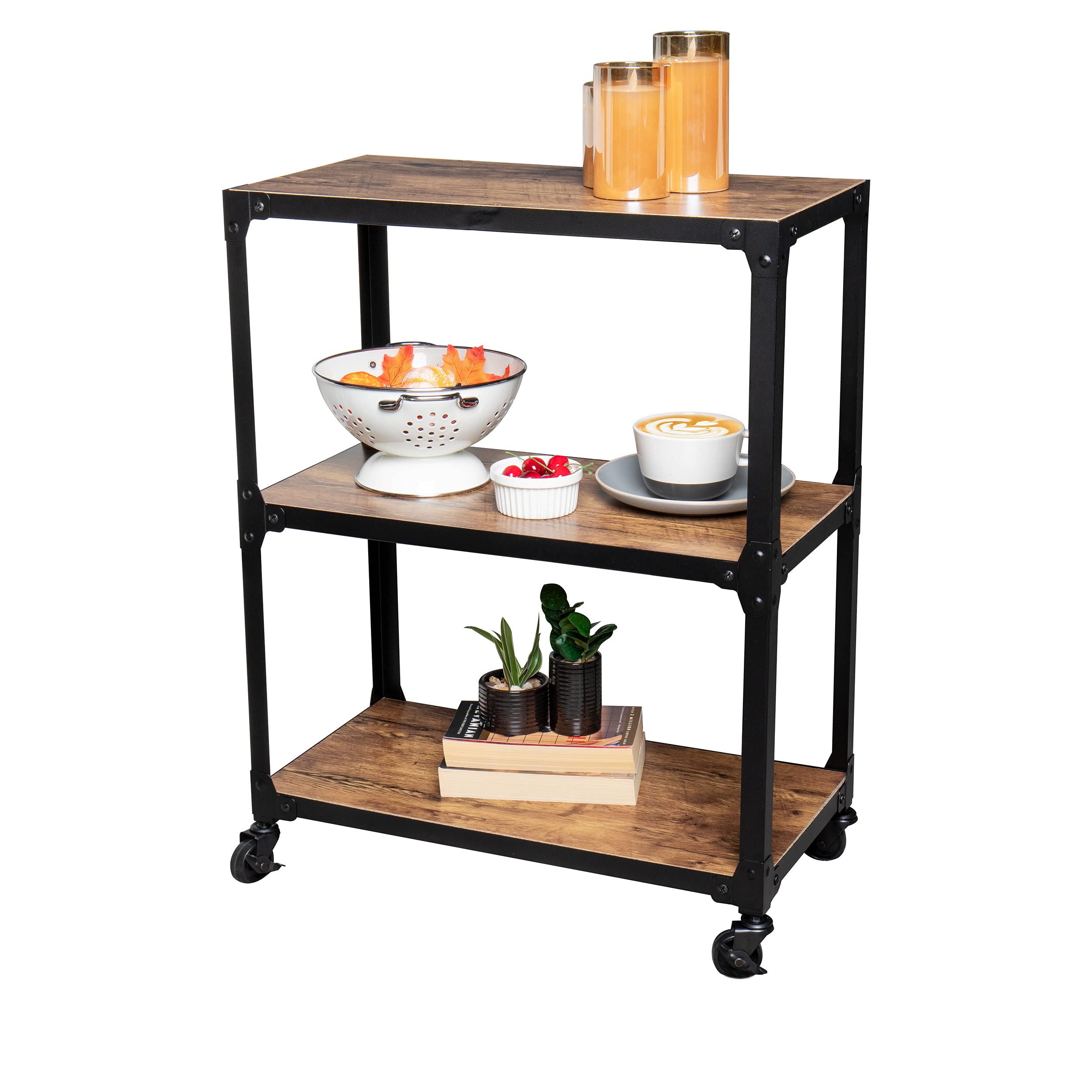 Mind Reader Bar Cart, Rolling Cart, Microwave Stand, 3-Tier, Coffee Cart, Kitchen, Wood/Metal, 23L x 12W x 29.5H, Brown
