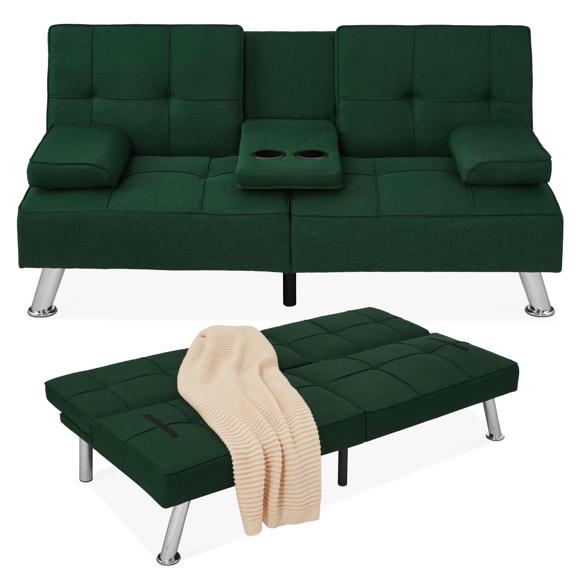 Best Choice Products Linen Modern Folding Futon, Reclining Sofa Bed for Apartment, Dorm w/Removable Armrests, 2 Cupholders - Dar