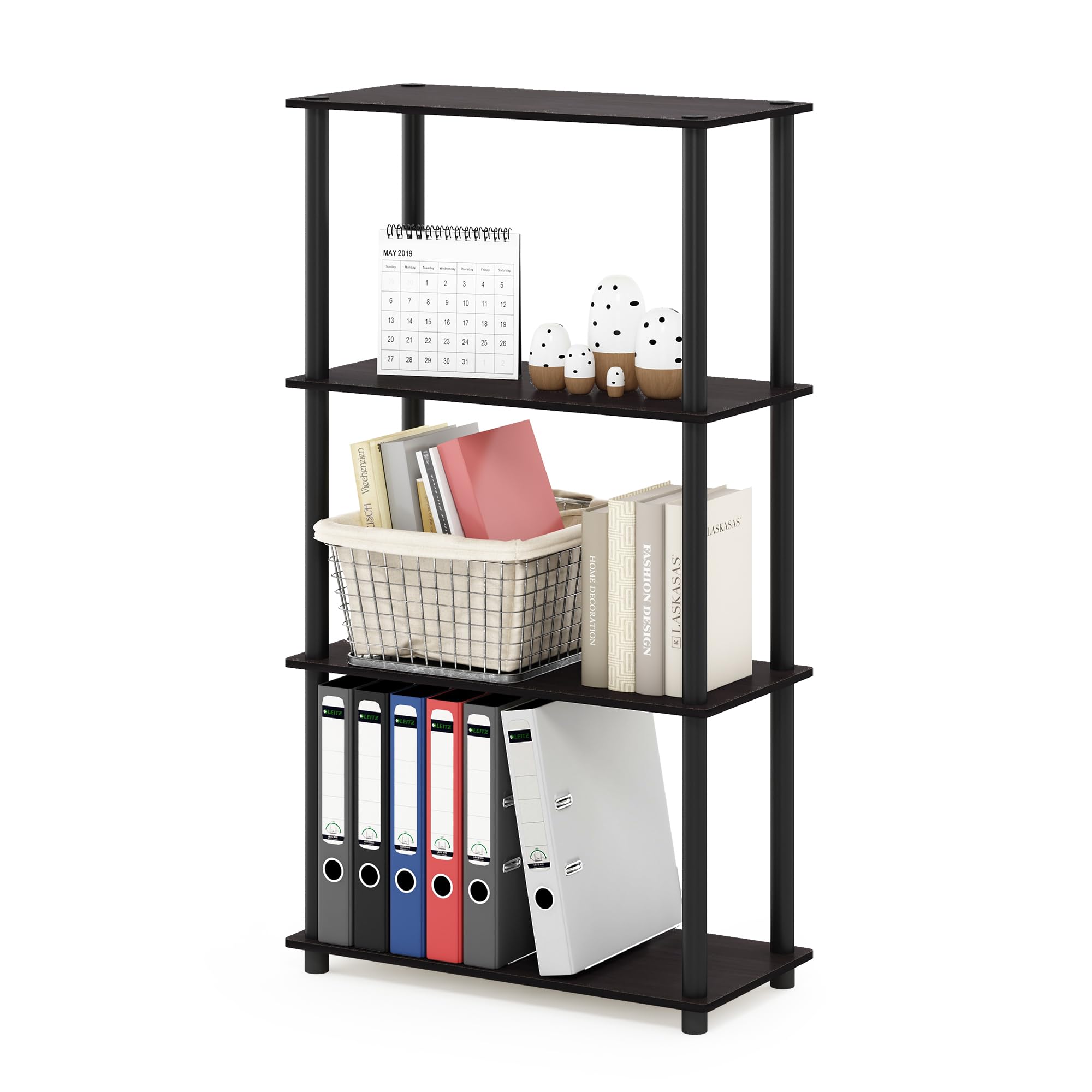 Furinno Turn-N-Tube 4-Tier Multipurpose Shelf Display Rack, Round Tubes, Dark Walnut
