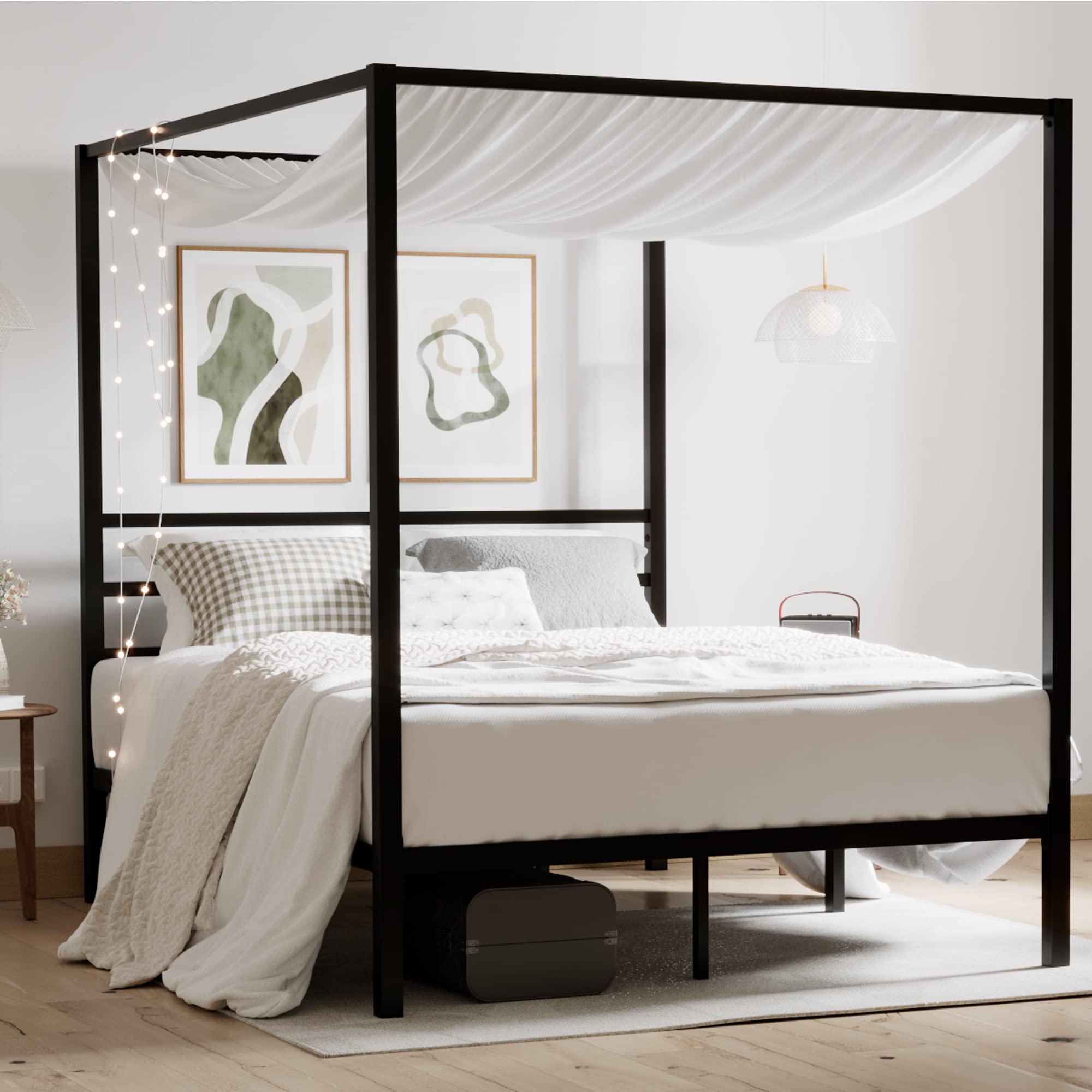 ikalido Queen Size Metal Canopy Bed Frame, Modern Four-Poster Platform Bed Frame, Mattress Foundation, Under-Bed Storage Space, 