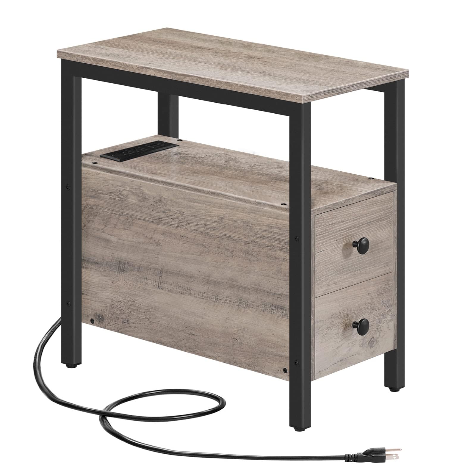 HOOBRO End Table with Charging Station, Narrow Side Table with 2 Drawers & USB Ports & Power Outlets, Nightstand for Small Space