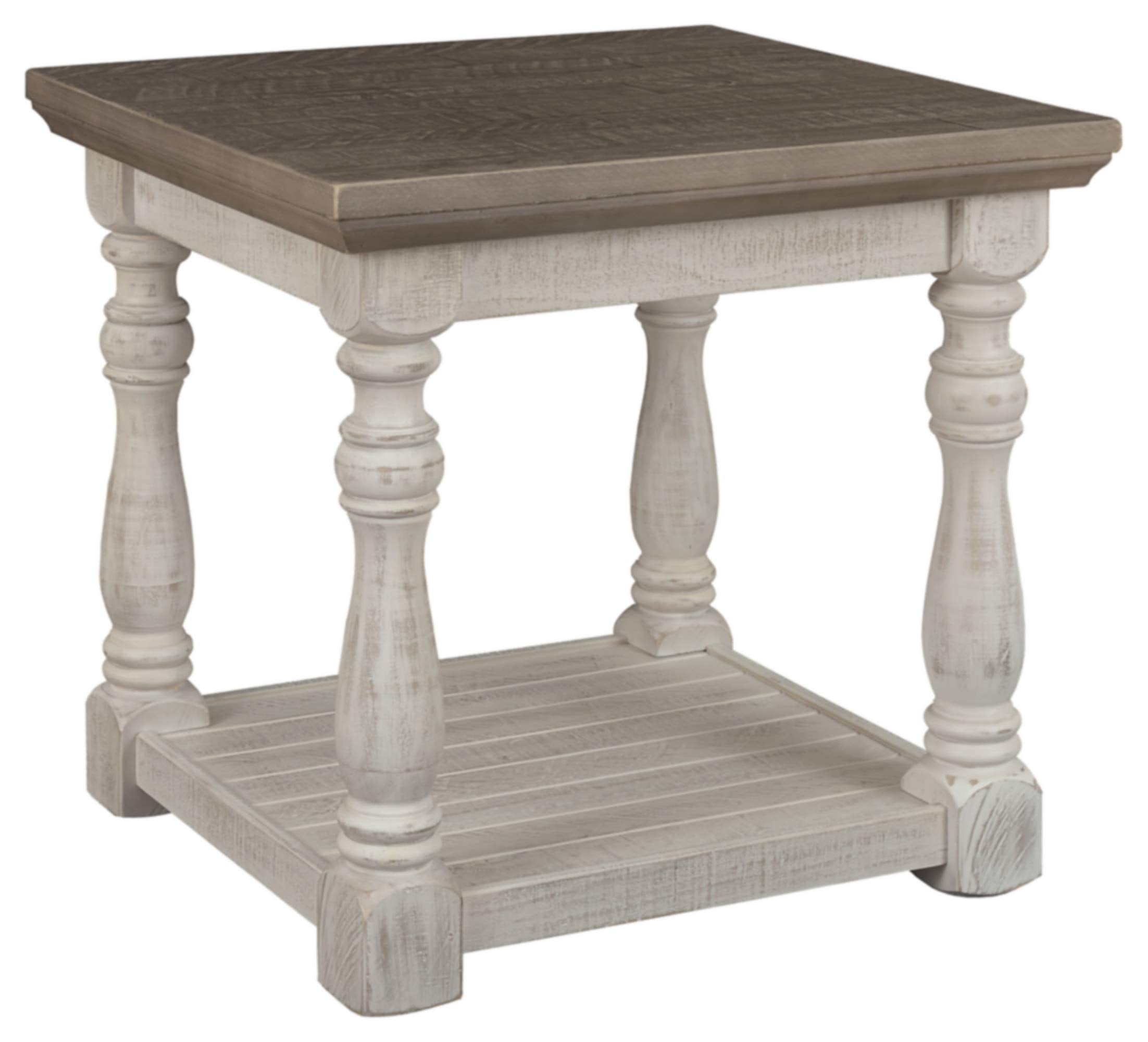 Signature Design by Ashley Havalance Farmhouse Square End Table with Floor Shelf, Vintage Gray & White with Weathered Finish