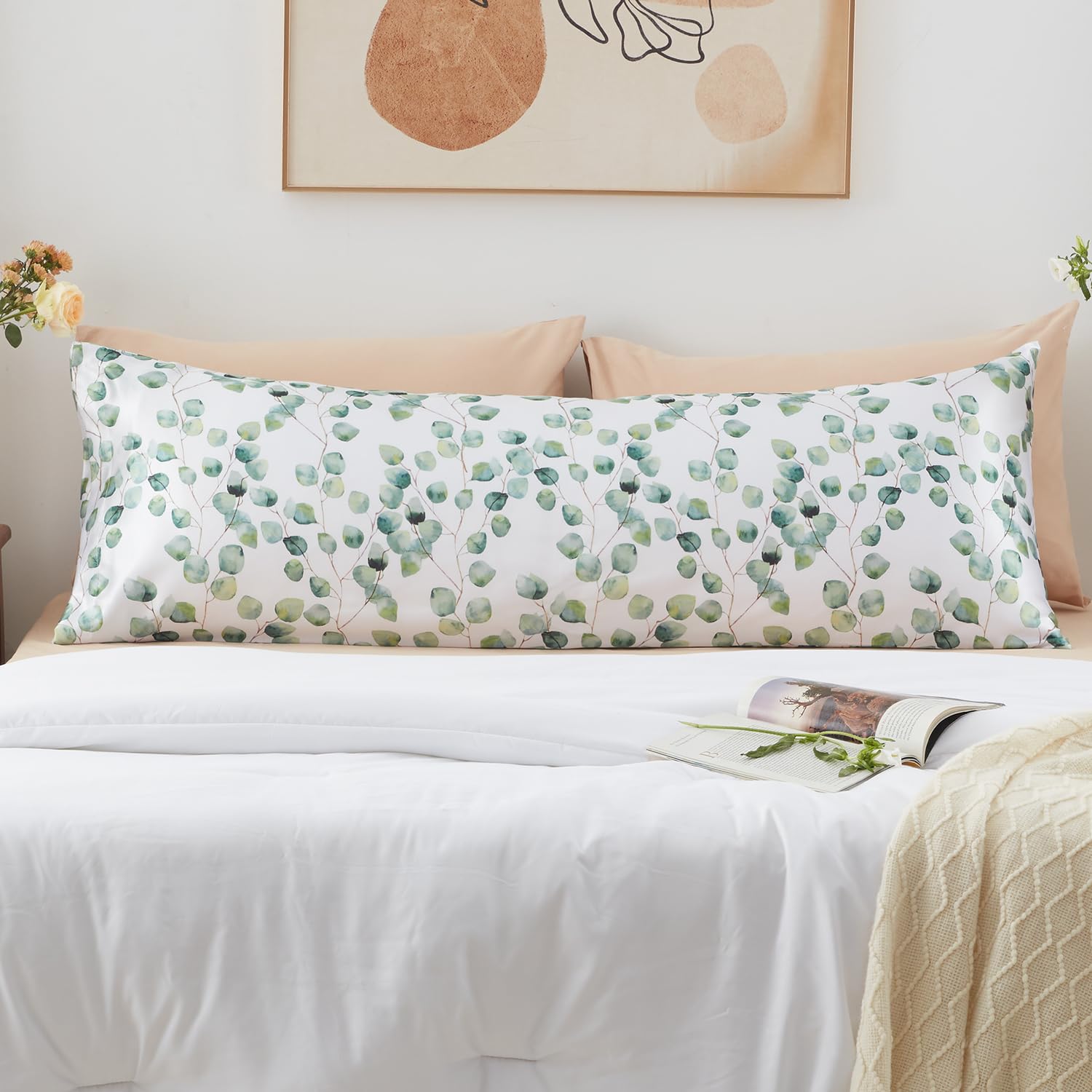 EXQ Home Satin Body Pillow Pillowcase Super Soft Silk Pillowcase, Body Pillow Cover with Envelope Closure Ink Leaf (20x54)