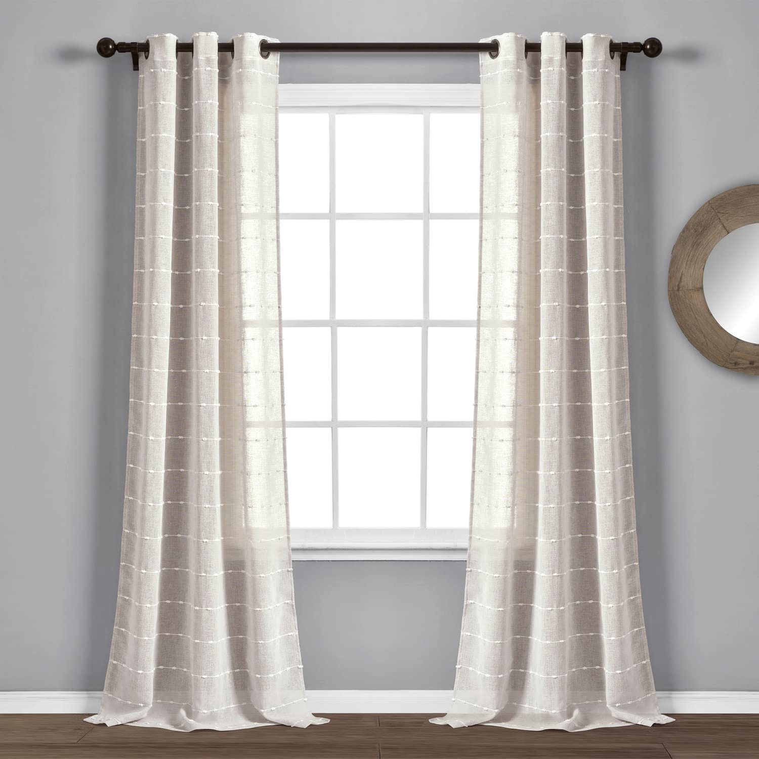 Lush Decor Farmhouse Textured Grommet Sheer Window Curtain Panel Pair, 38W x 108L, Beige
