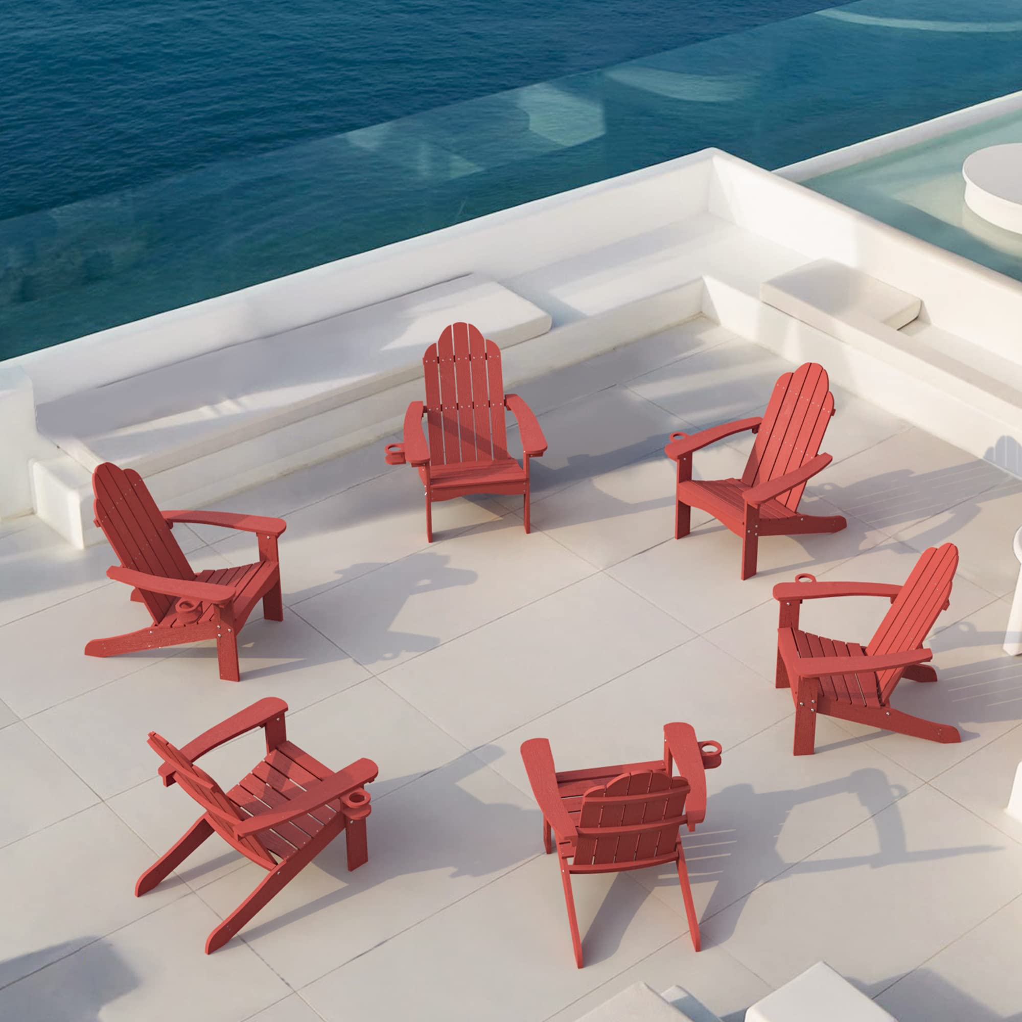 LUE BONA HDPS Adirondack Chairs Set of 6, Red Adirondack Chairs with Cup Holder, 300lbs Modern Adirondack Chair Weather Resistan