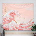 Ovenbird Wave Tapestry Pastel Pink and Gold, Japanese Tapestry for Bedroom Aesthetic, Cute Large Tapestry Wall Hanging, Light Pi