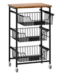 OKZEST 4-Tier Small Kitchen Storage Cart on Wheels, Metal Fruit Basket Stand with Pull-Out Baskets & Wood Top for Potato Onion P