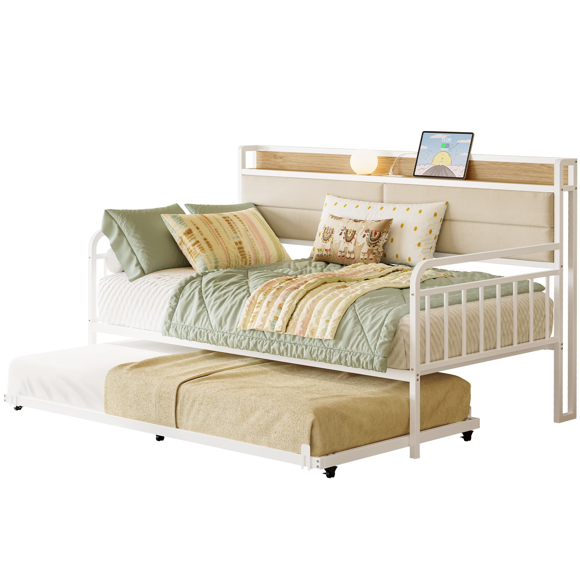 LIKIMIO Daybed with Trundle, Sturdy Metal Twin Bed Frame with Upholstered Headboard and Charging Station for Living Room, Bedroo