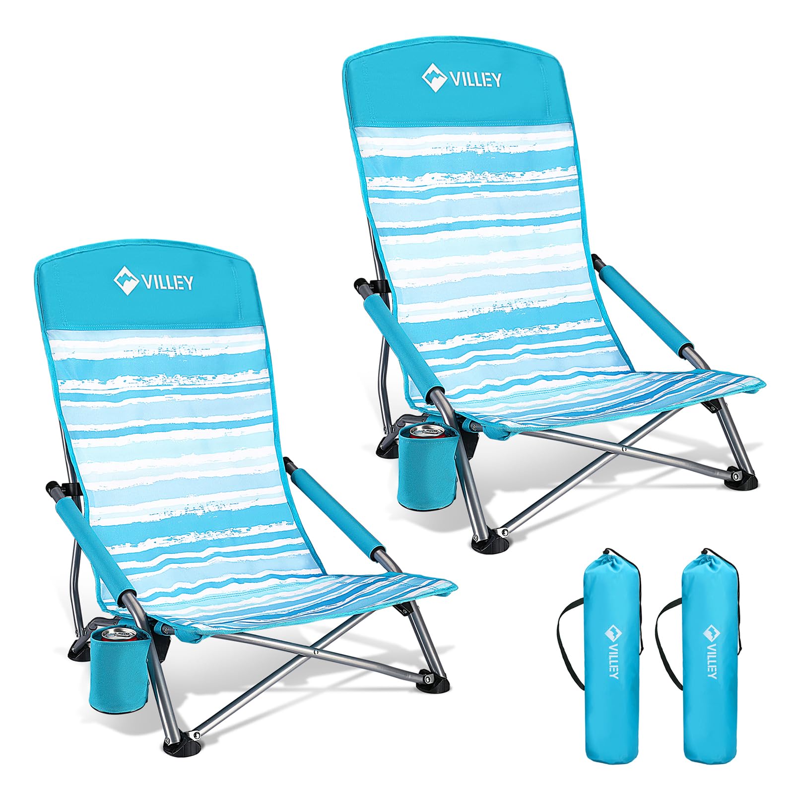 VILLEY Low Beach Chairs for Adults 2 Pack, High Back Folding Beach Chairs, Lightweight and Portable for Outdoor, Beach, Camping,