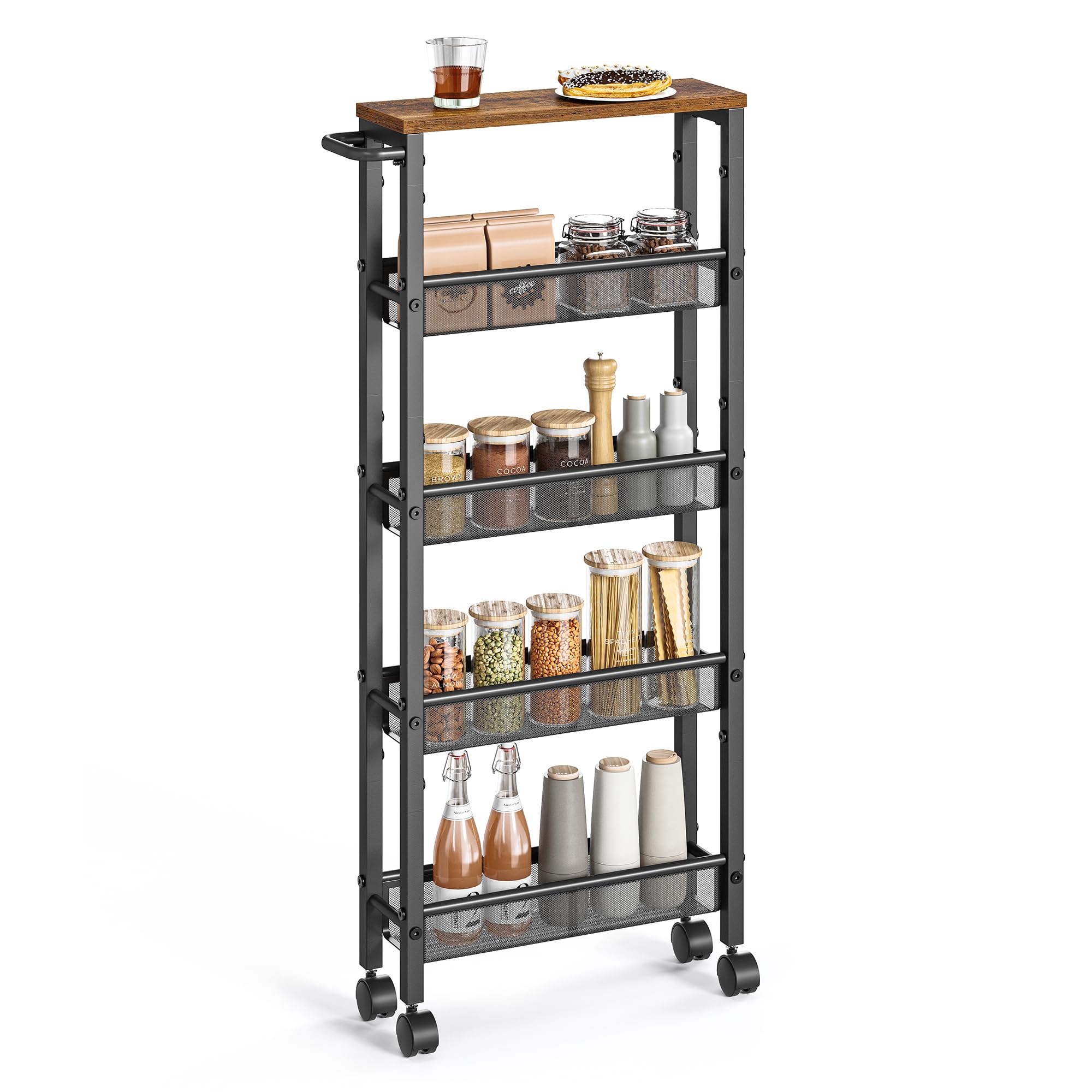VASAGLE Slim Rolling Cart, 5-Tier Storage Cart, Narrow Cart with Handle, 5.1 Inches Deep, Metal Frame, for Kitchen, Dining Room,