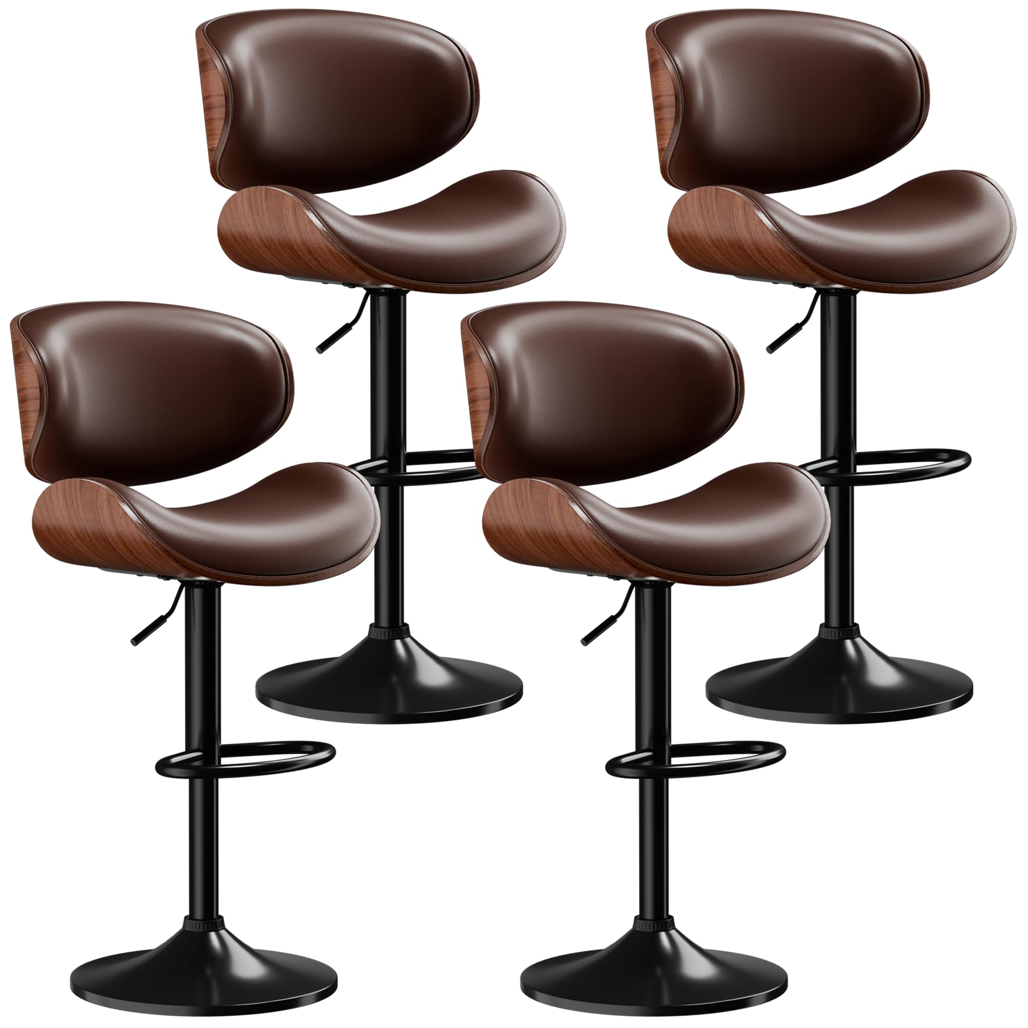 Aowos Bar Stools Set of 4, Adjustable Swivel Leather Bar Stools for Kitchen Island, Mid Century Modern Counter Height Bar Chairs