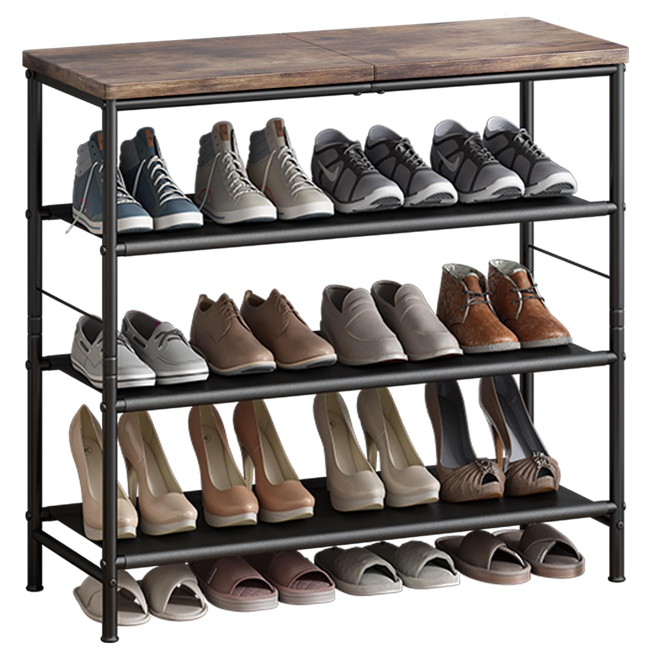 INGIORDAR Shoe Rack Organizer 4 Tier Metal Organizer Shelf with Industrial MDF Board and Layer Fabric for Entryway Closet Bedroo
