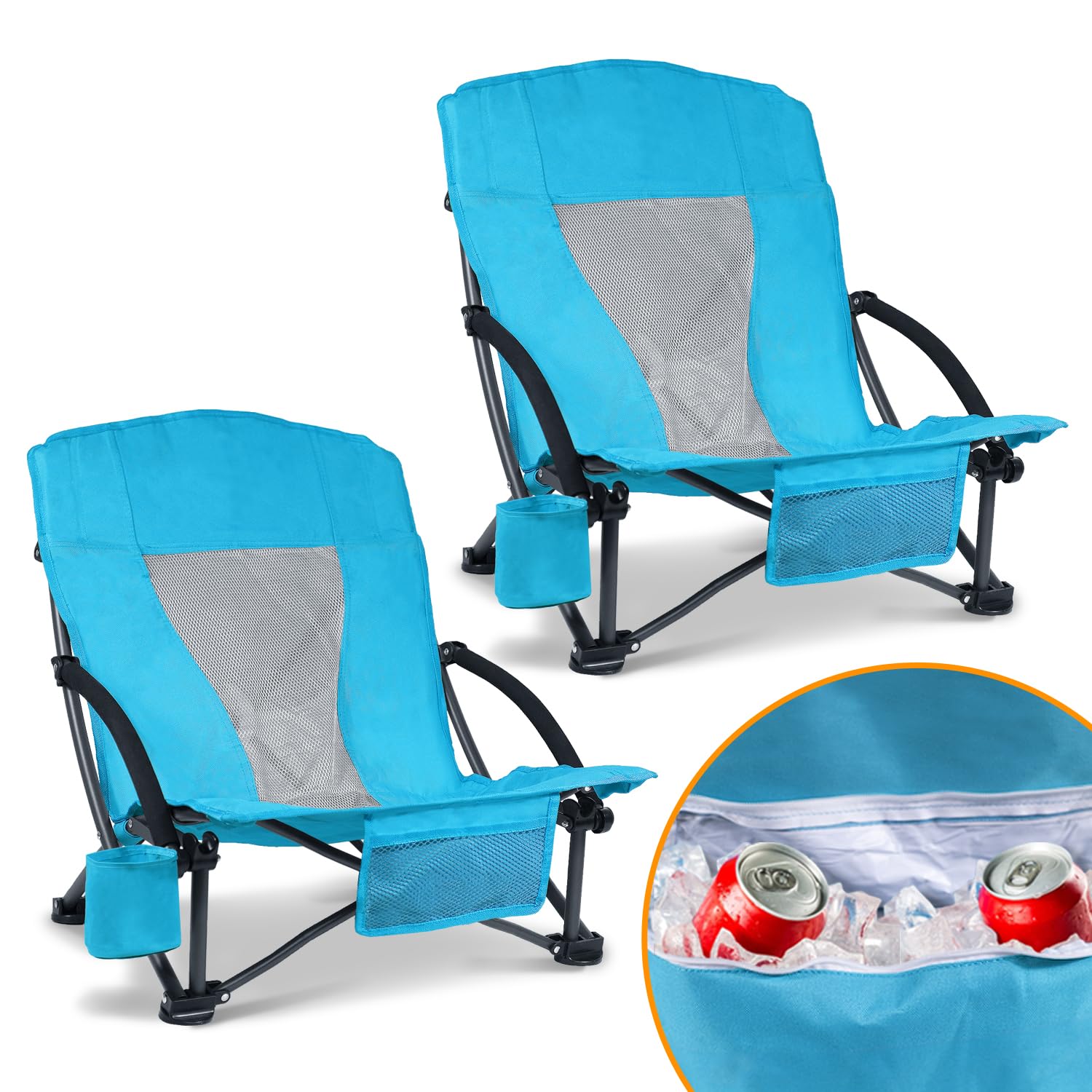 Foristrail Portable Folding Beach Chair with Cooler Bag for Adults Set of 2- Lightweight Low Back Sling Chair with Cup Holder & 