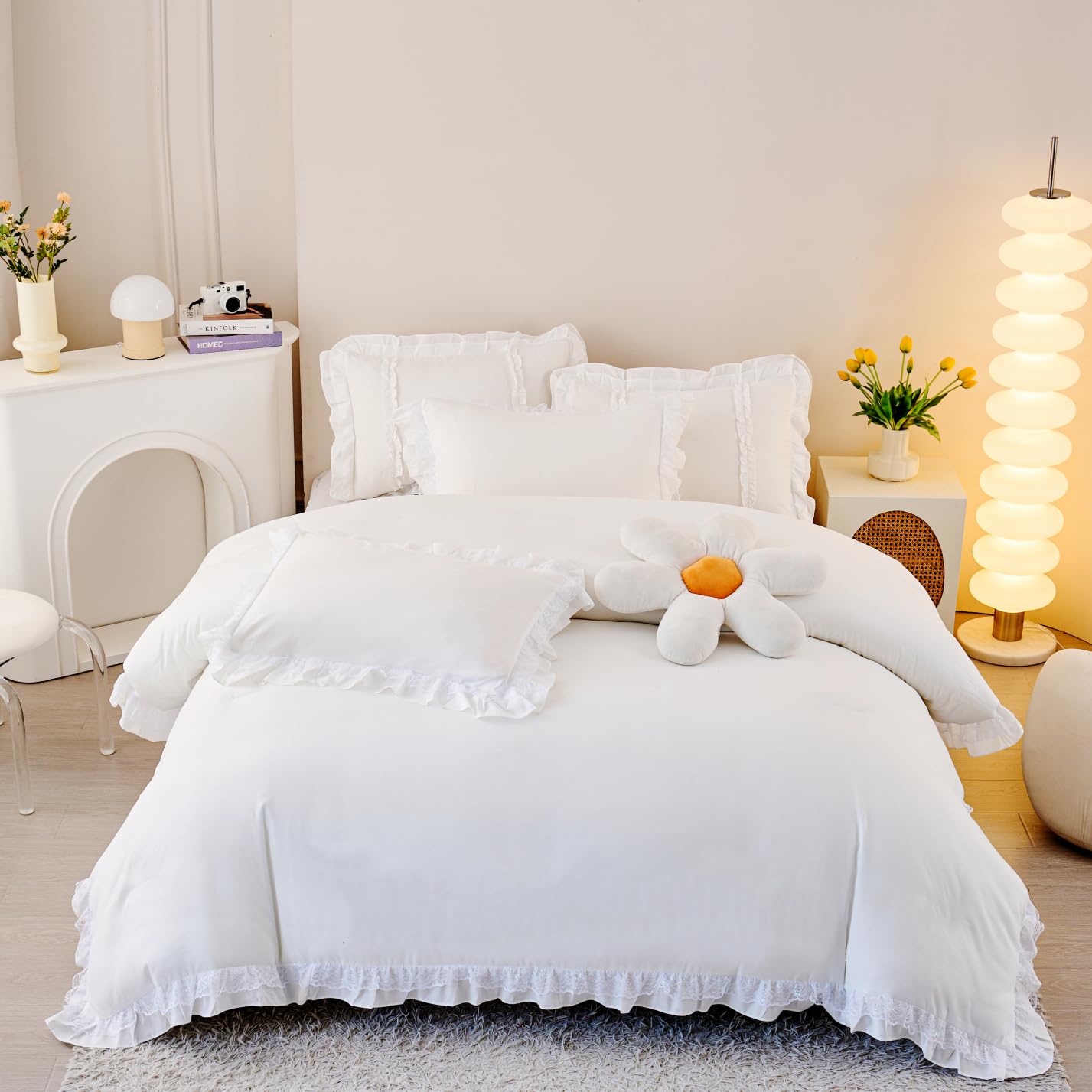 MOOWOO Chic Ruffle Lace Polyester Duvet Cover Set -Girl White Bedding-2 Piece Twin Comforter Duvet Cover with Zipper Closure -Ul