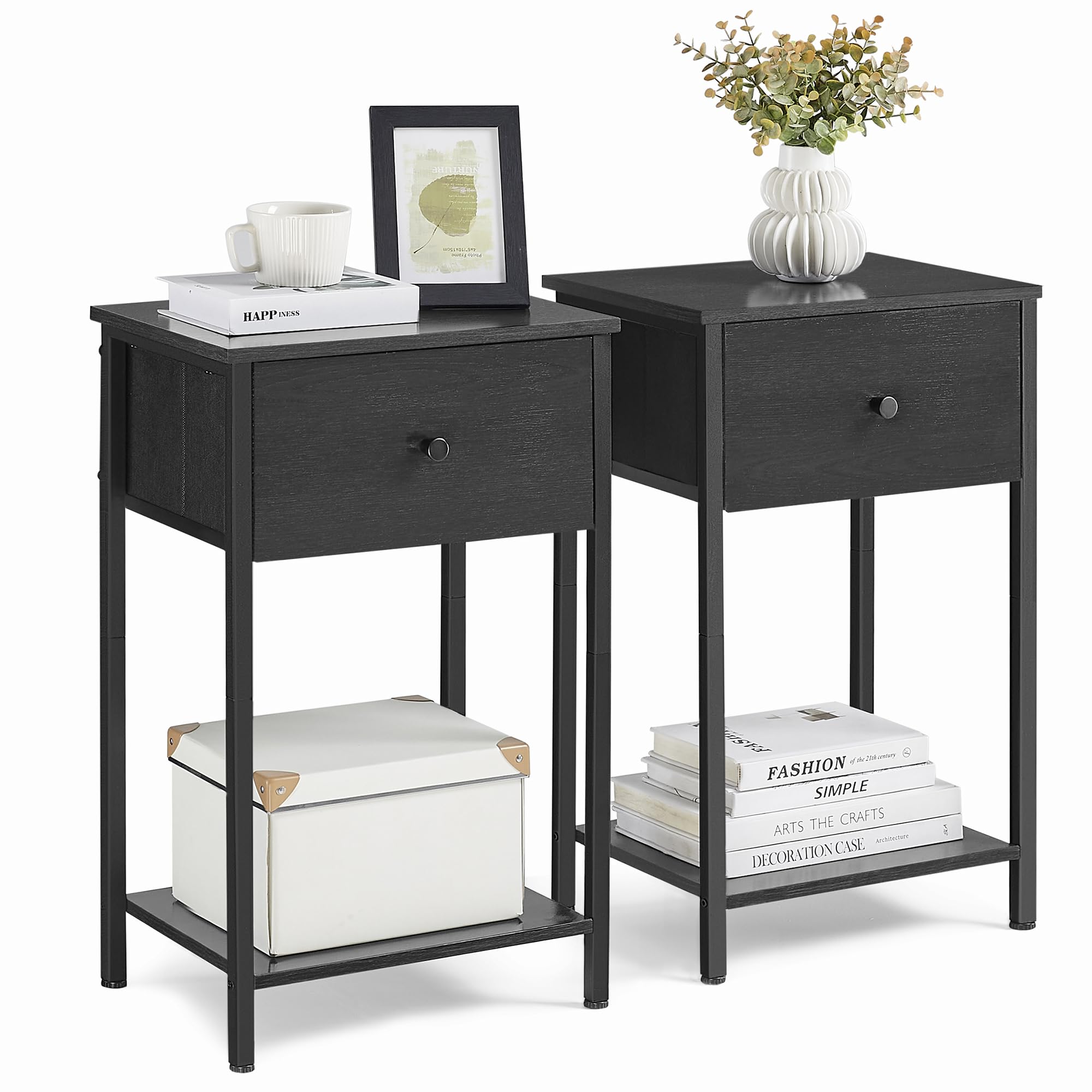 VASAGLE Nightstands, Set of 2, Side Table with Fabric Drawer, 24-Inch Tall End Table with Storage Shelf, Bedroom, Black ULGS221B