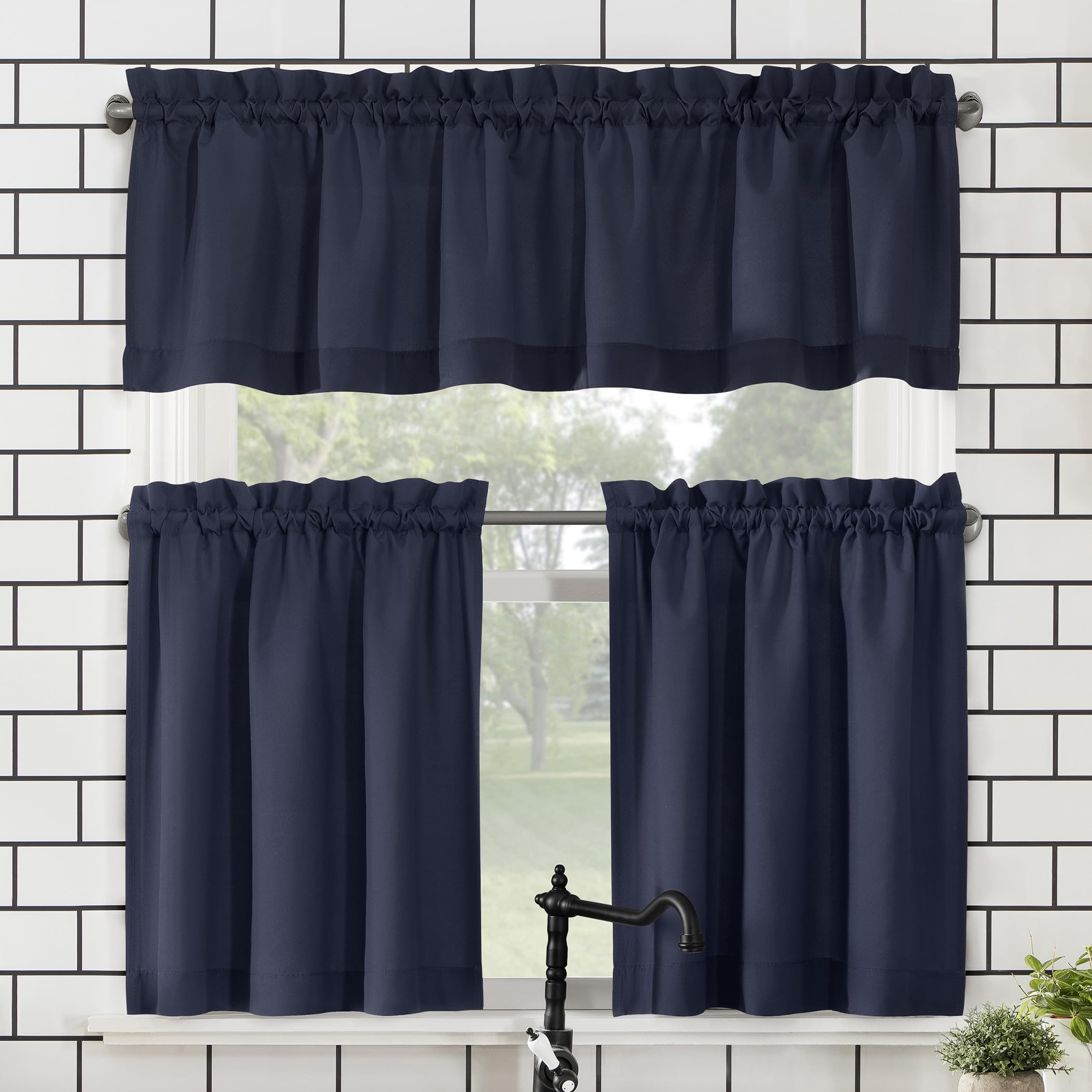 No. 918 Martine Microfiber Semi-Sheer Rod Pocket Kitchen Curtain Valance and Tiers Set, 54 x 24, Navy Blue