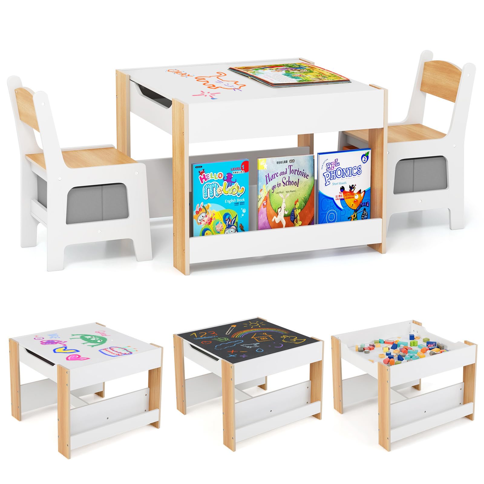 Costzon Kids Table and Chairs, 4 in 1 Wooden Activity Desk Set w/Reversible Tabletop, Bookshelves & Storage Drawers for Drawing,