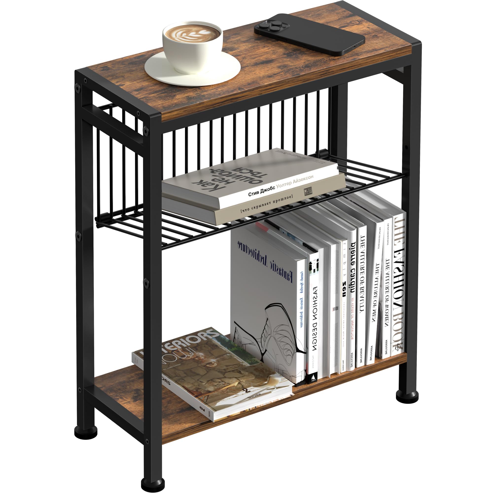 Lifenite Side Table for Small Spaces, Narrow End Table with Magazine Holder, 2 in 1 Design Slim Side Table, Skinny Nightstand fo