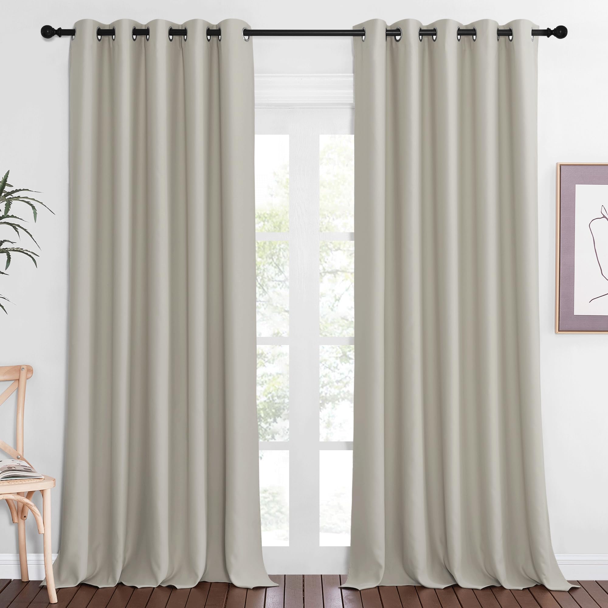 NICETOWN Blackout Natural Curtain for Living Room - Thermal Insulated Solid Grommet Sound Reducing Energy Saving Window Drape fo