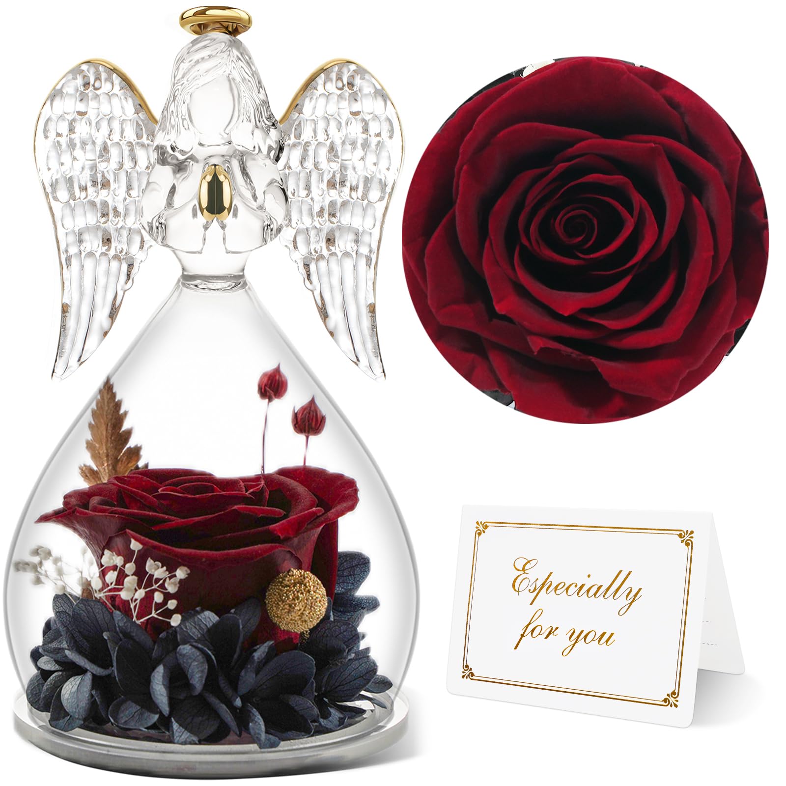 Yamonic Mom Birthday Gifts for Mom,Angel Figurines with Real Rose Gifts for Her Mom Grandma,Preserved Flowers Rose Angel Figurin