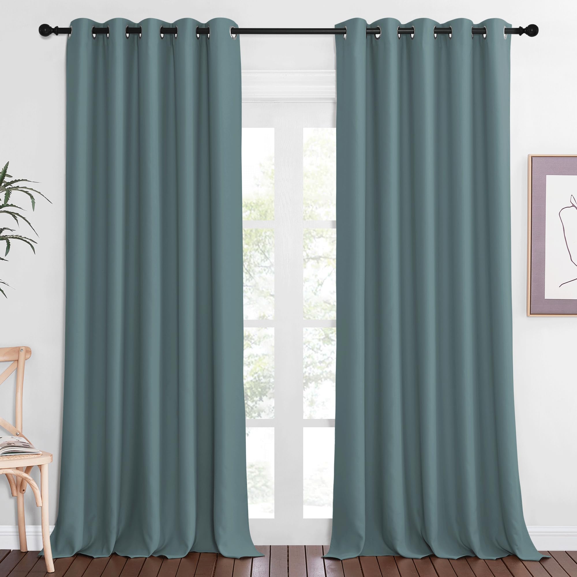 NICETOWN Blackout Greyish Blue Curtains & Drapes for Living Room - Thermal Insulated Solid Grommet Sound Reducing Energy Saving 