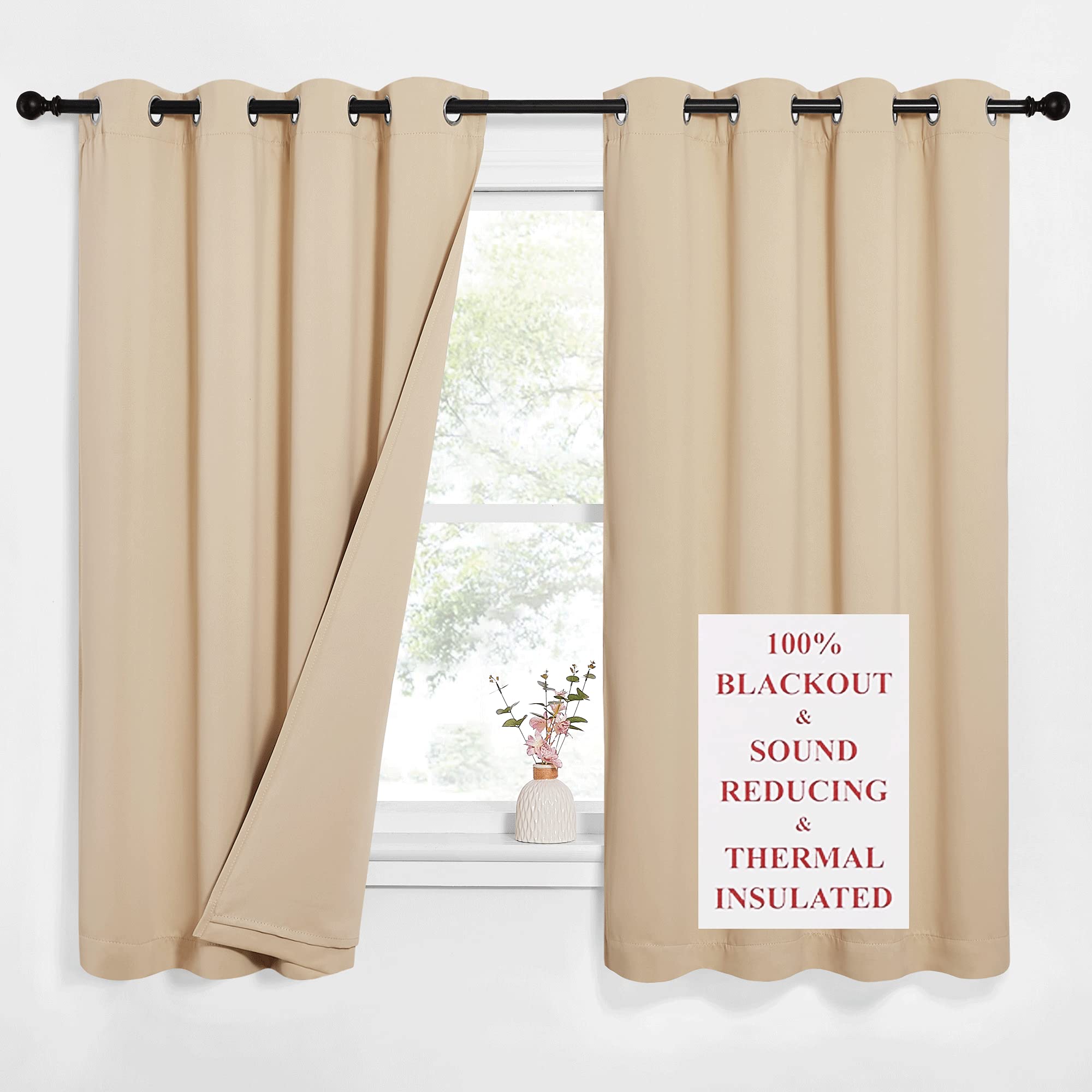 NICETOWN Bedroom Full Blackout Curtain Panels, Super Thick Insulated Window Covers, Complete Blackout Draperies with Noise Absor