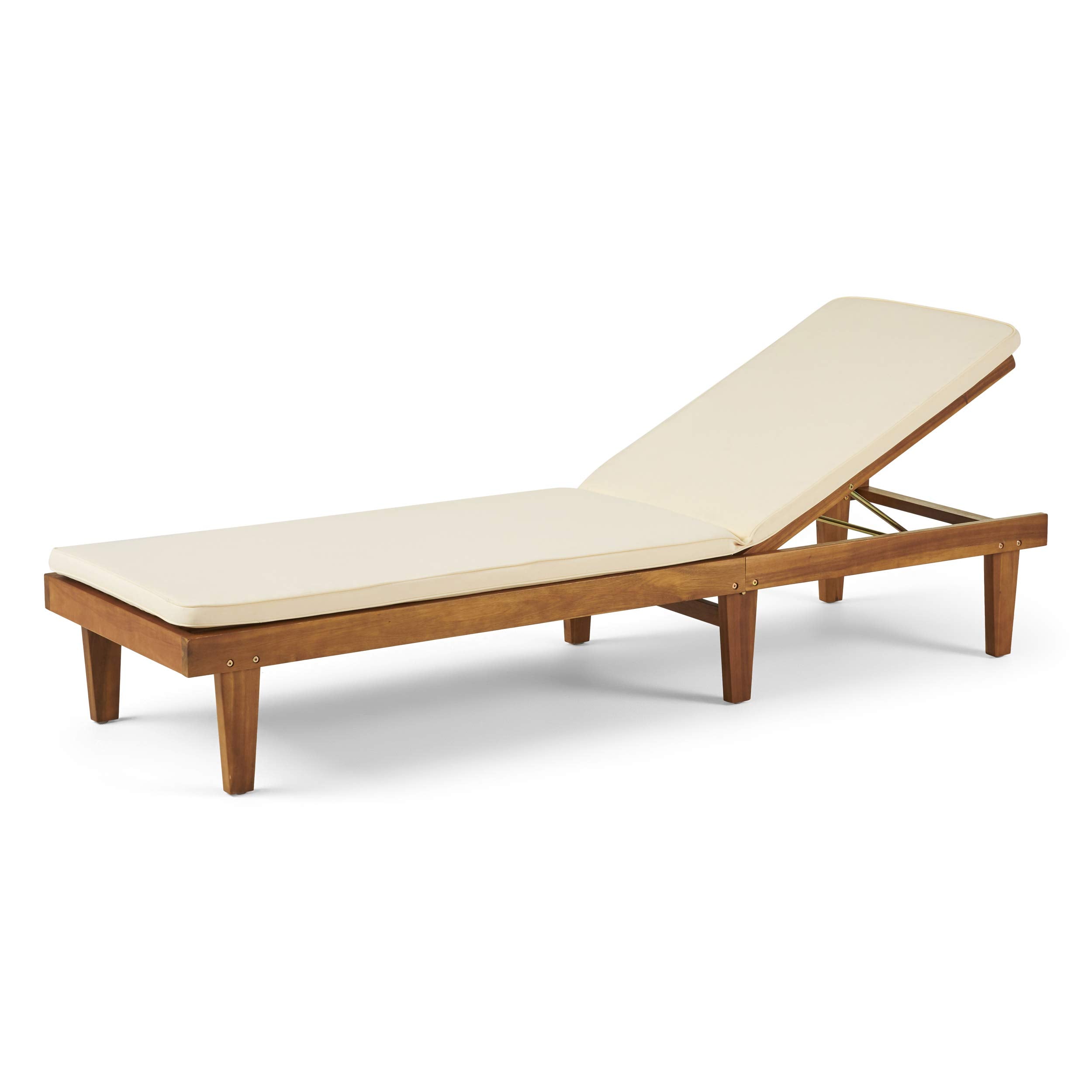Great Deal Furniture Yvette Outdoor Acacia Wood Chaise Lounge and Cushion Set, Teak and Cream