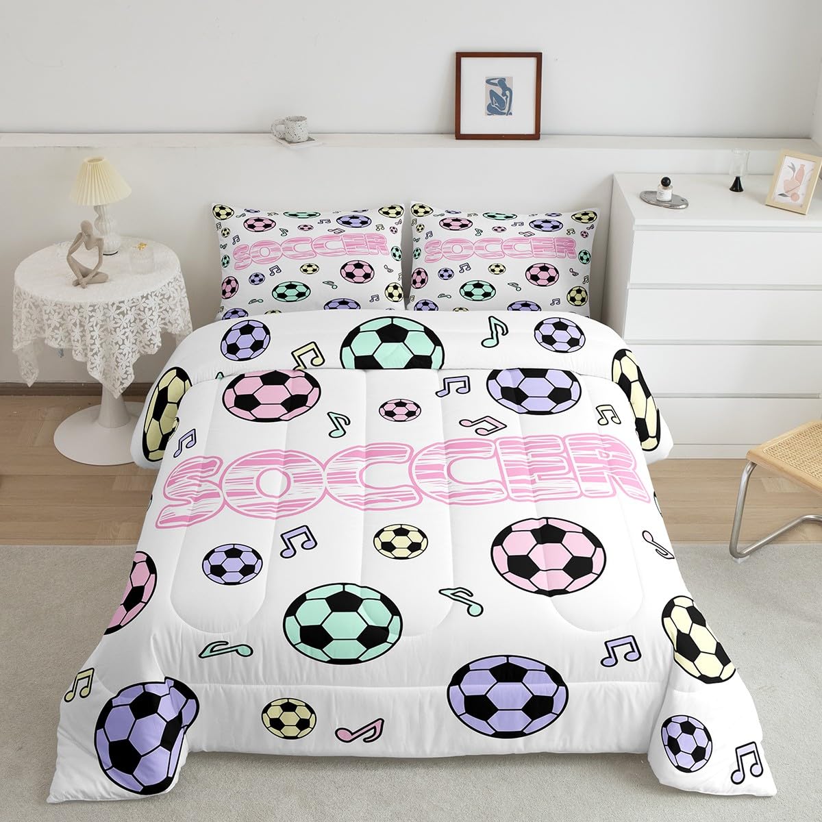 Feelyou Kids Soccer Bedding Set Full Size Music Pattern Comforter Set for Boys Girls Teens Bedroom Decor Sports Theme Comforter 