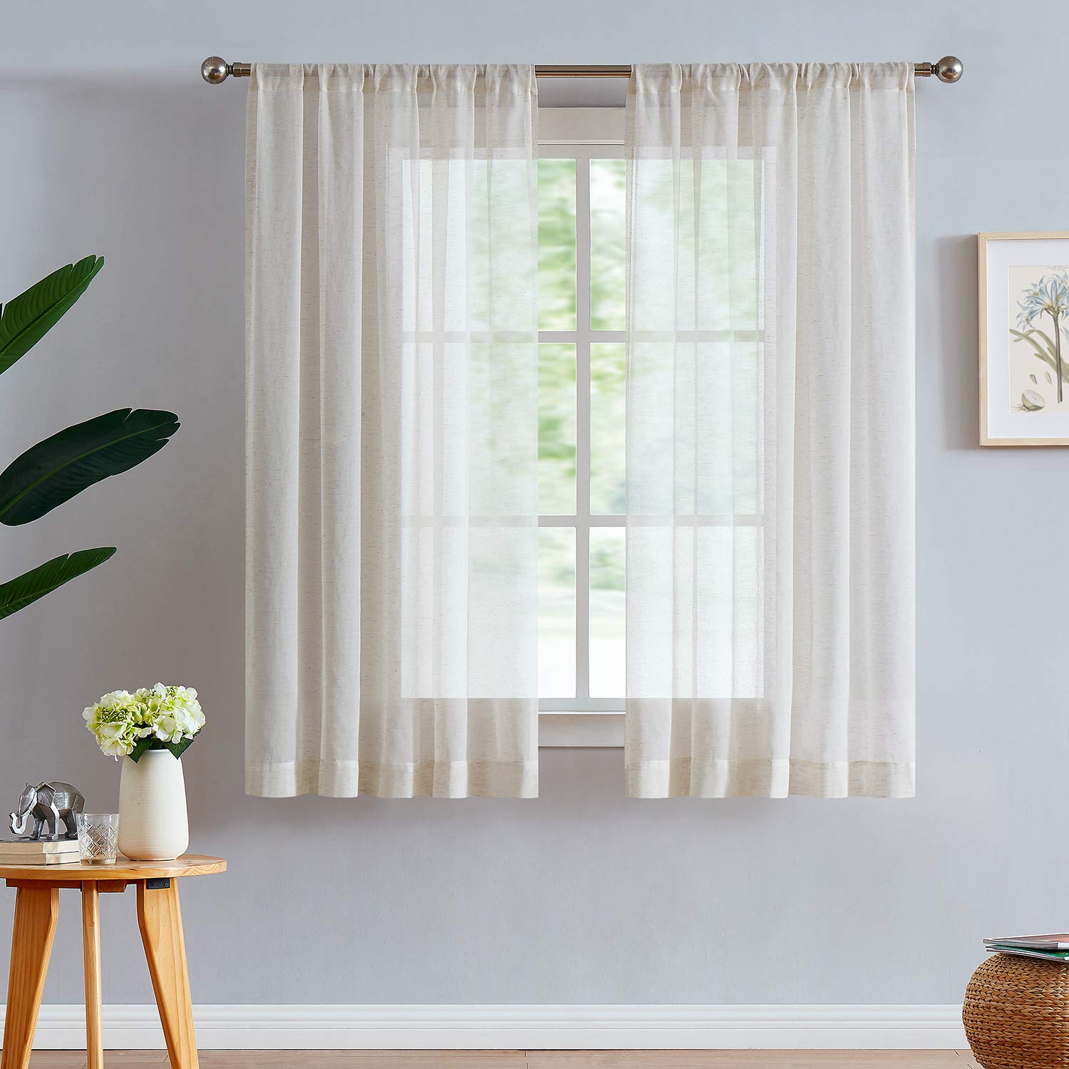 FMFUNCTEX Linen Sheer Curtains for Bedroom, Beige Curtains 54 inch Length for Living Room, Natural Flax Blend Window Draperies f